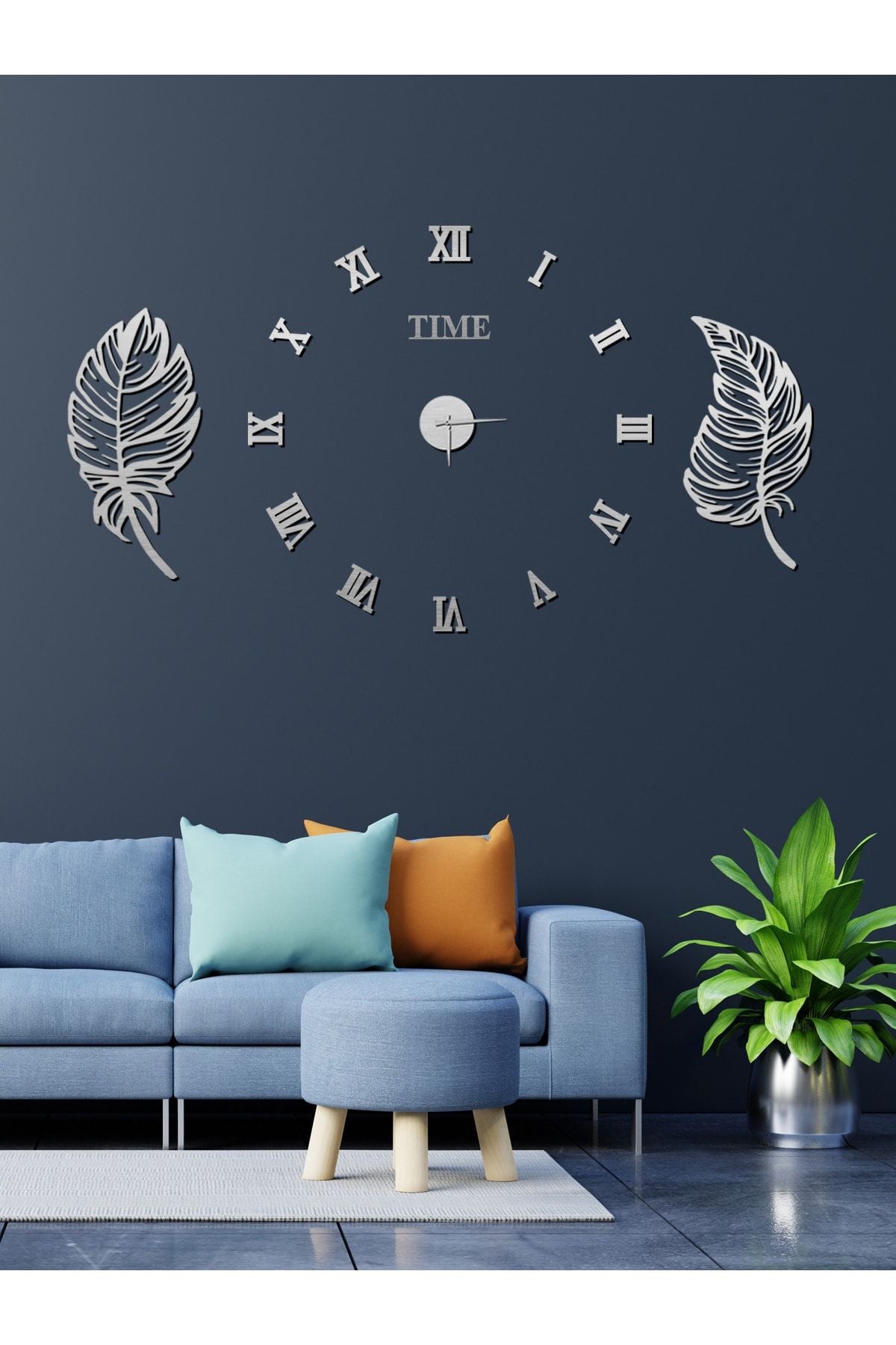 Wooden Factory Time Collection 3D Roman Numeral Clock And 2-Piece Leaf Panel Set (Silver) 2