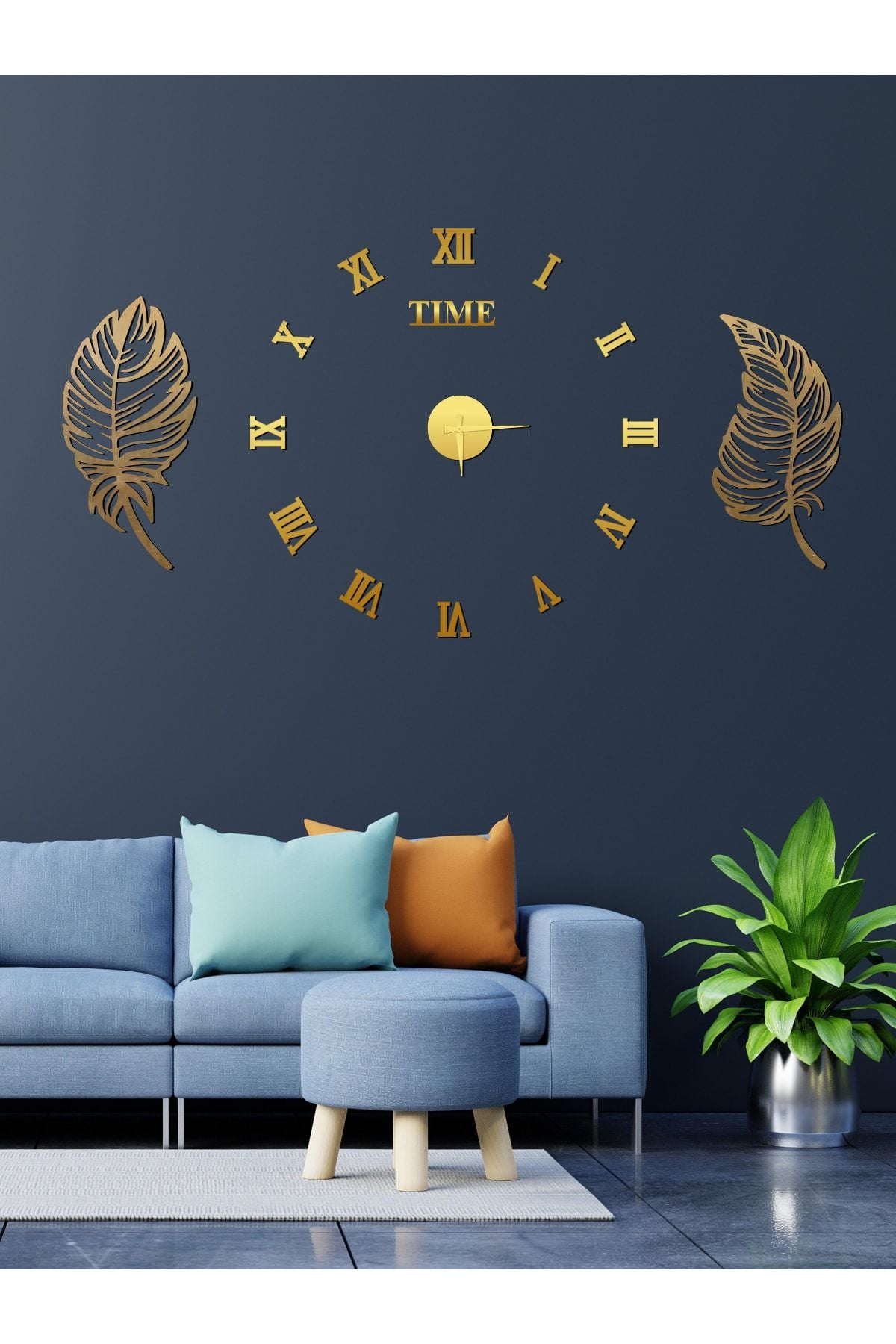 Wooden Factory Time Collection 3D Roman Numeral Clock And 2-Piece Leaf Panel Set (Gold) 1