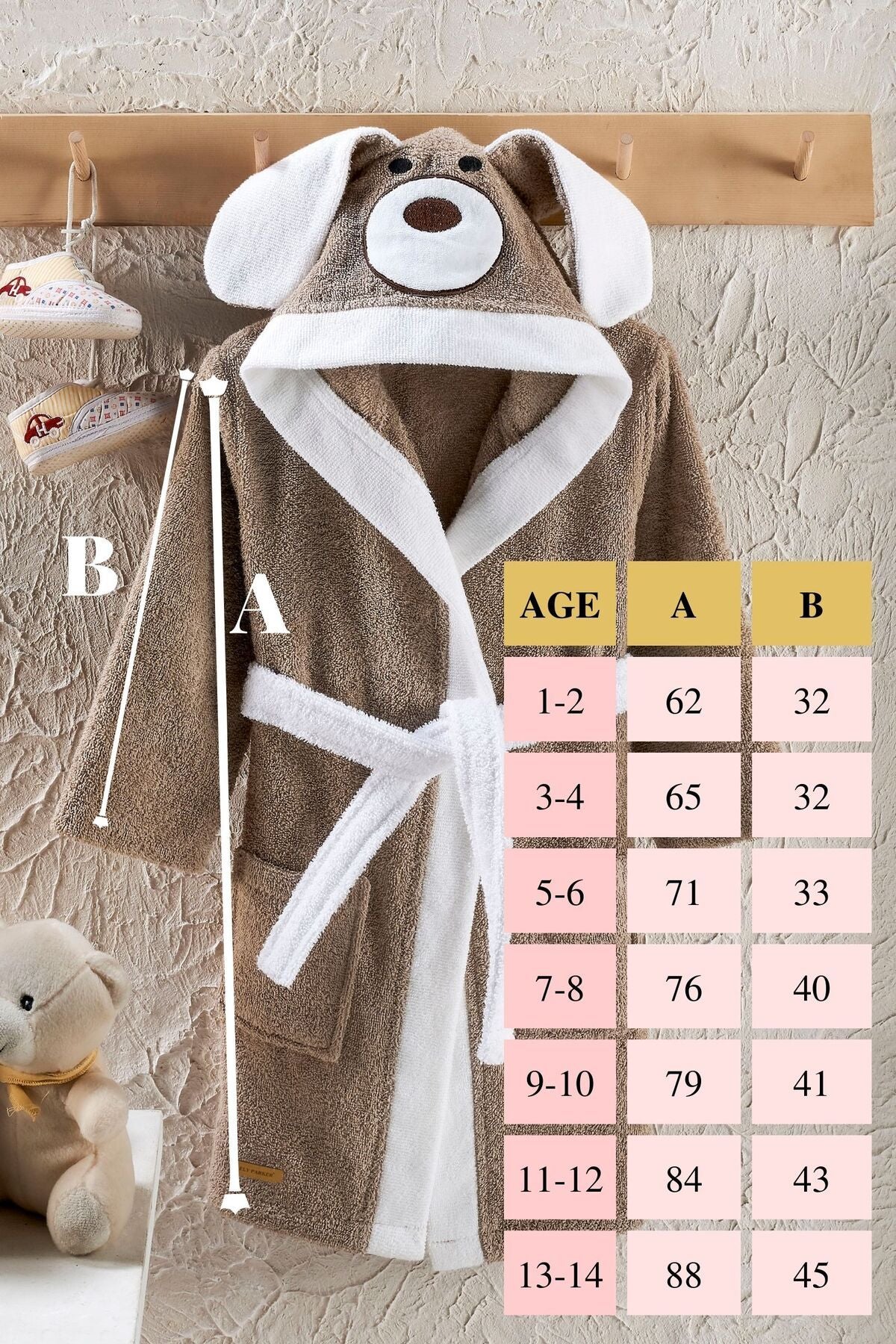 ELY PARKER Hooded Children's Bathrobe 100% Cotton Absorbent Brown Dog Animal 7