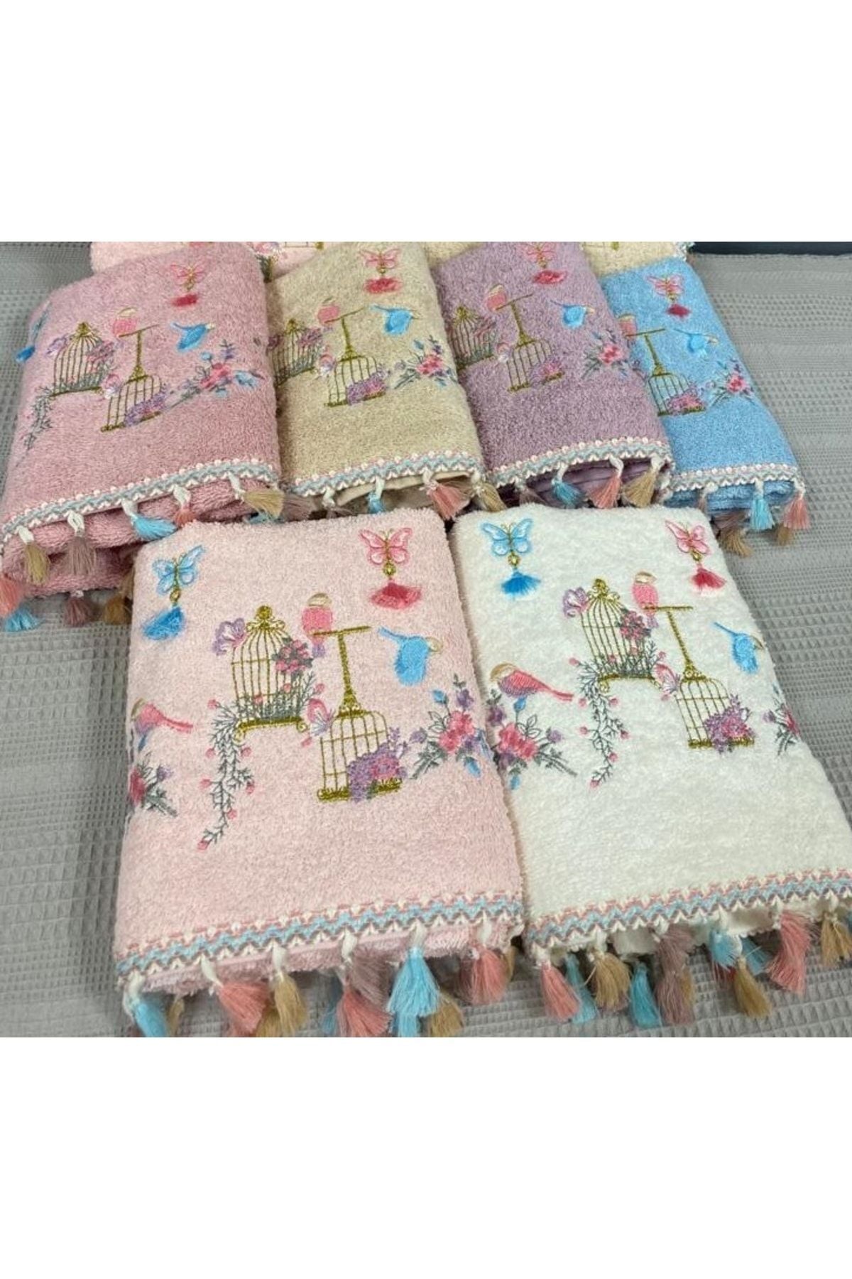 AYHANHOME Bird Cage Embroidered Cotton Tassel 6-Piece 30x50 Kitchen Towel Set 3