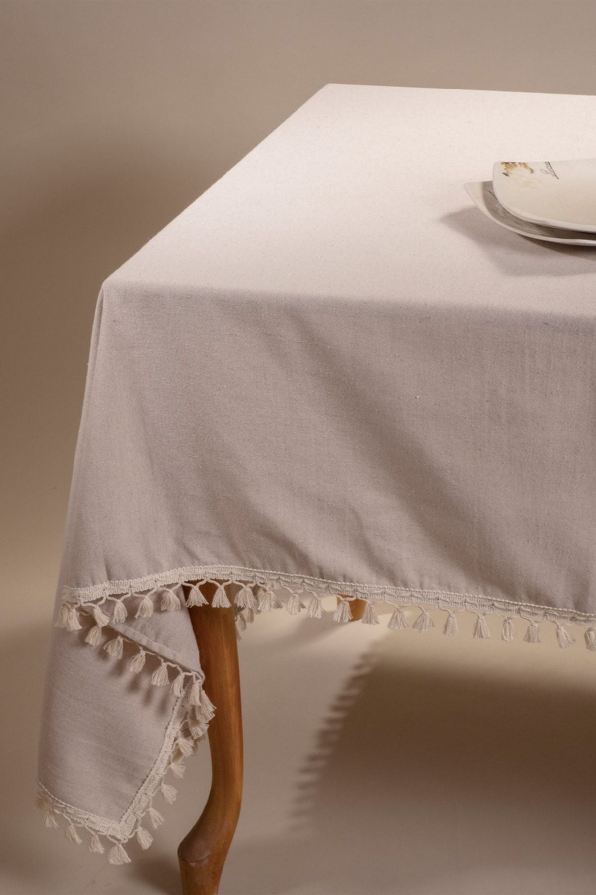 Vivamaison Beige Cotton Pom-Pom Tablecloth 2