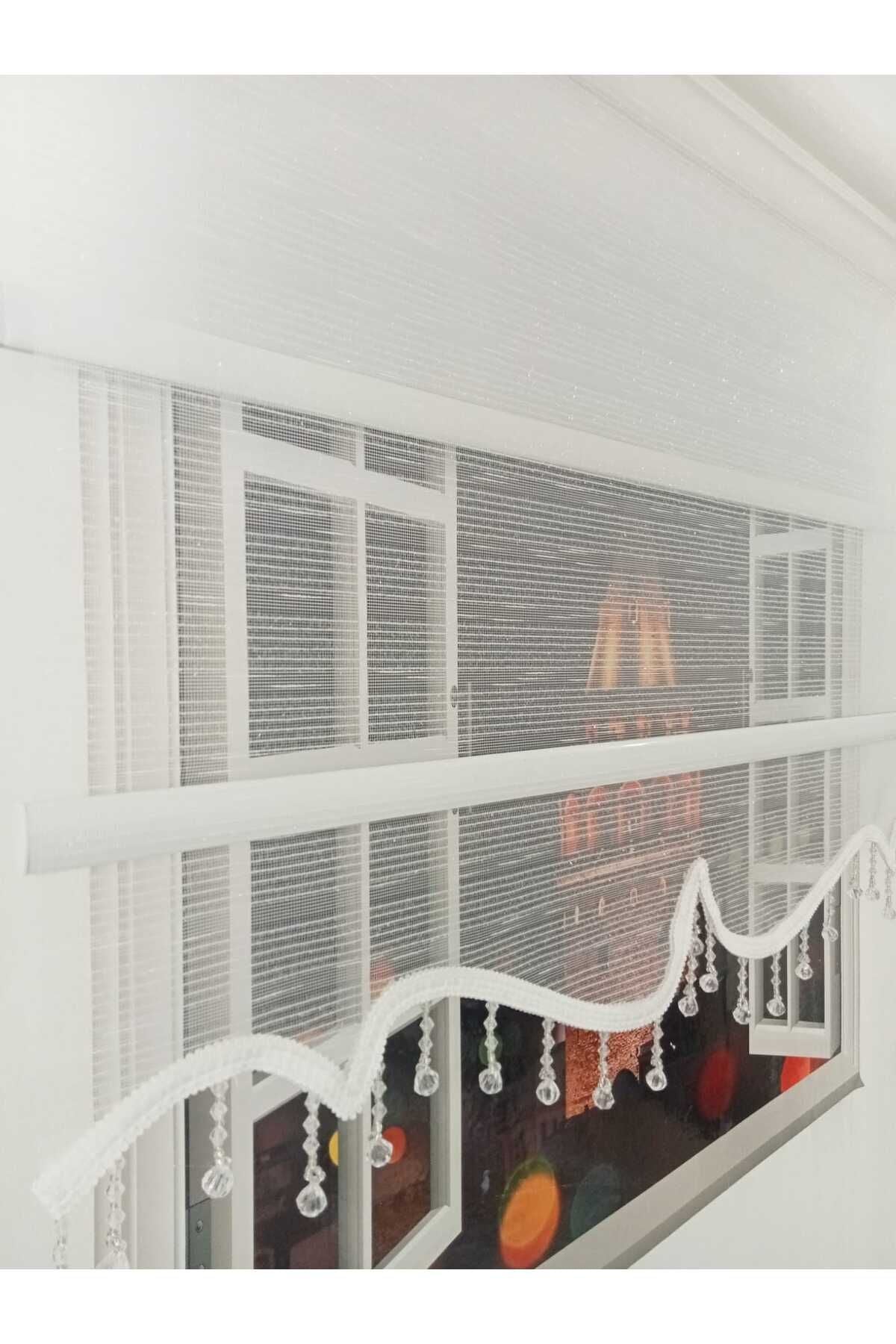 Bulut Double Mechanism Beaded White Glitter Tulle, White Roller Blind 4