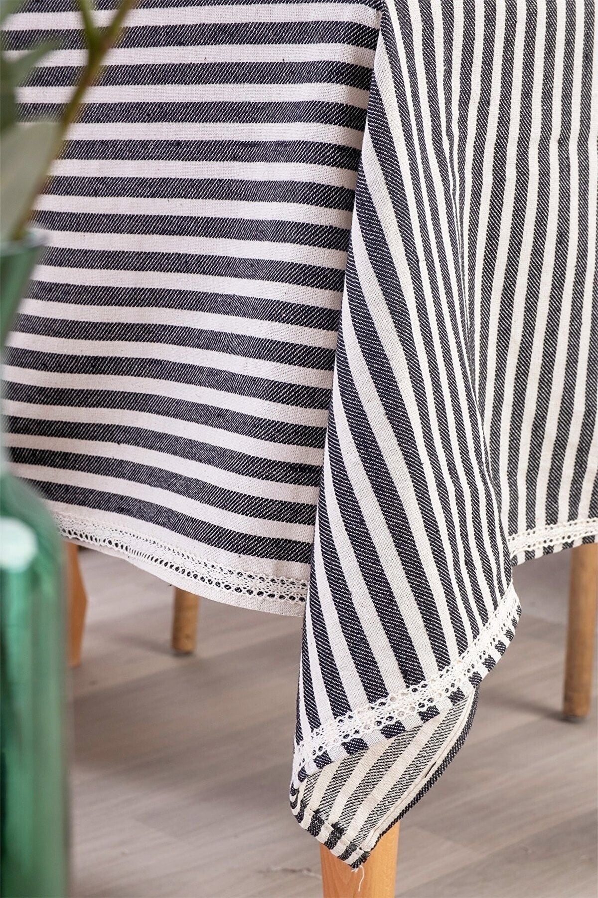 Vivamaison Black Striped Linen Lace Tablecloth 3