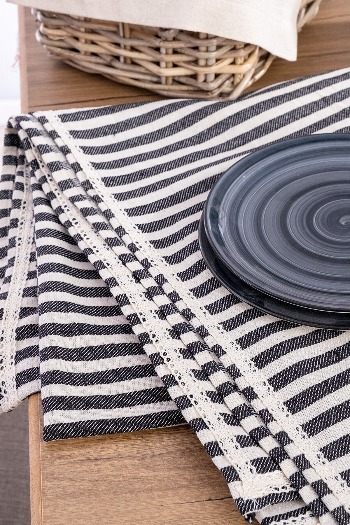 Vivamaison Black Striped Linen Lace Tablecloth 5