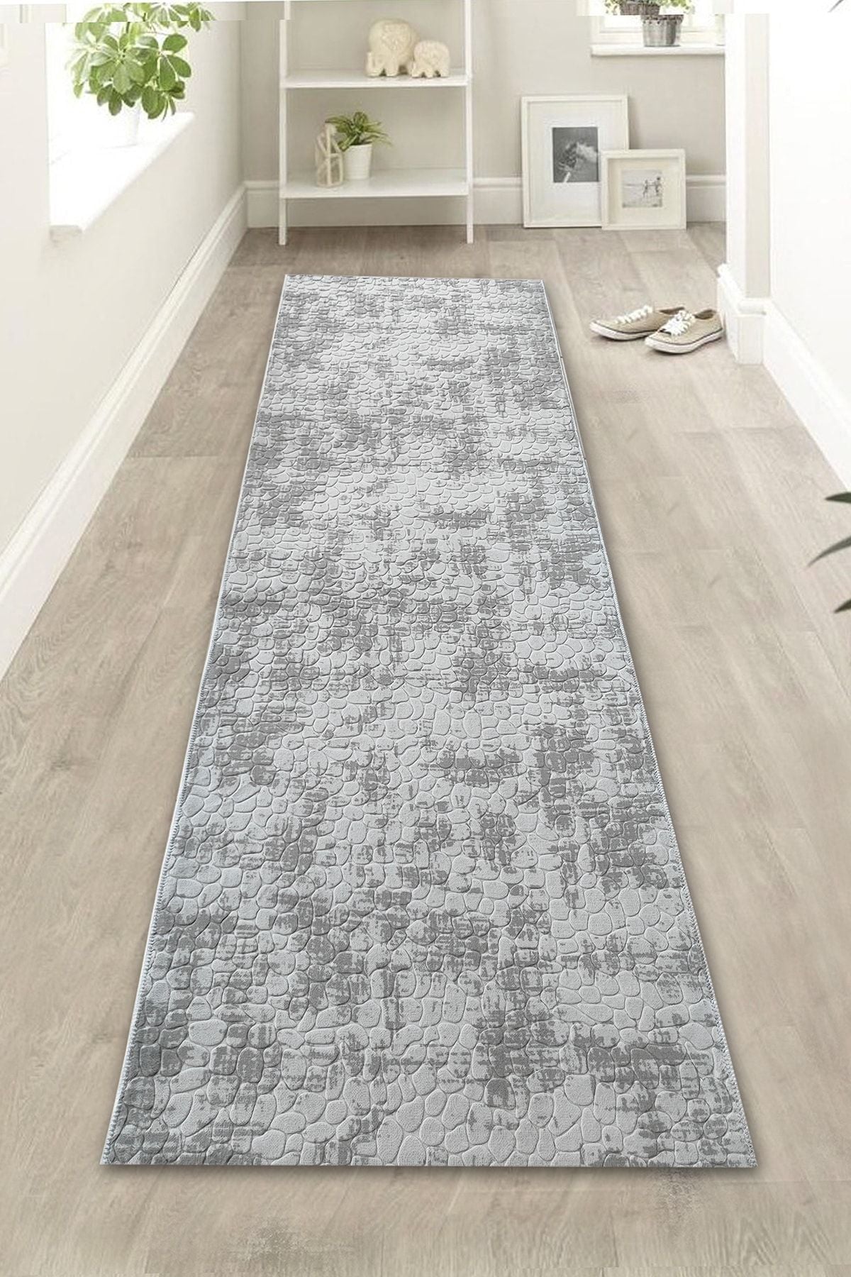 BAKIROZU HOME Embossed Stone Pattern Washable Non-Slip Base Carpet Runner Gray Stone 1