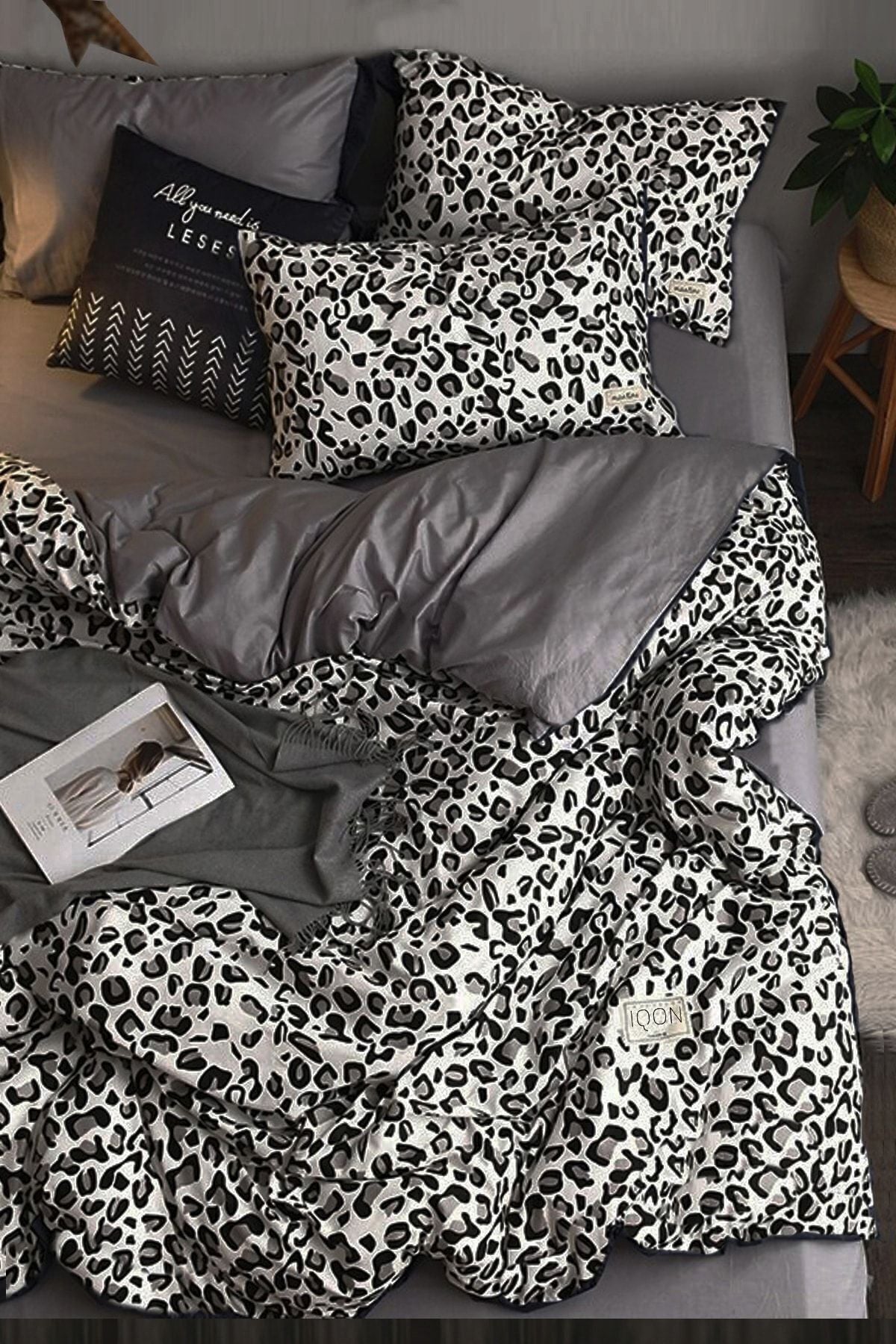 İQON Elastic Fitted Sheet Duvet Cover Set Double Leopard Premium Cotton 64s 1