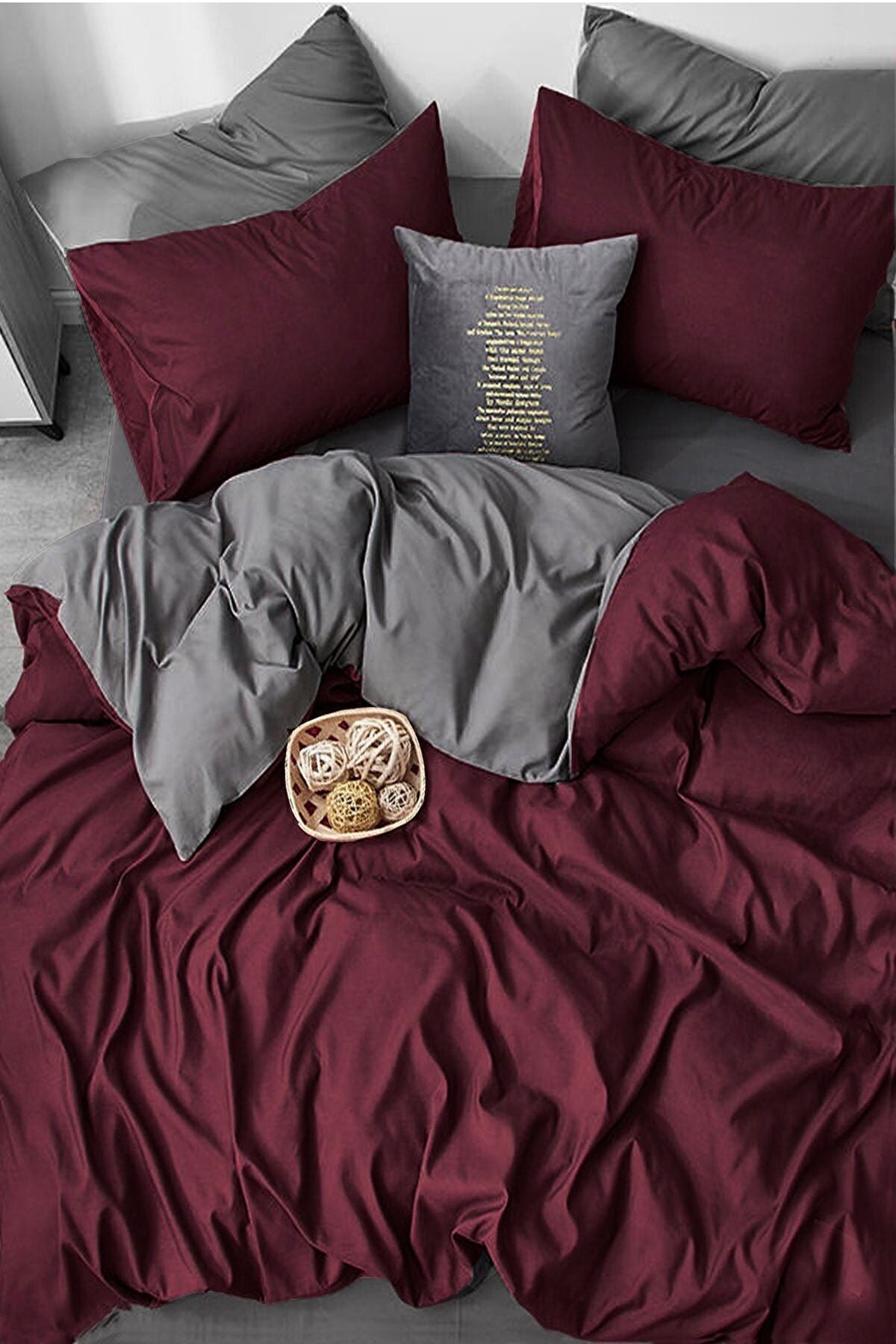 İQON Elastic Fitted Sheet Duvet Cover Set Double Size Bordeaux-Grey 1