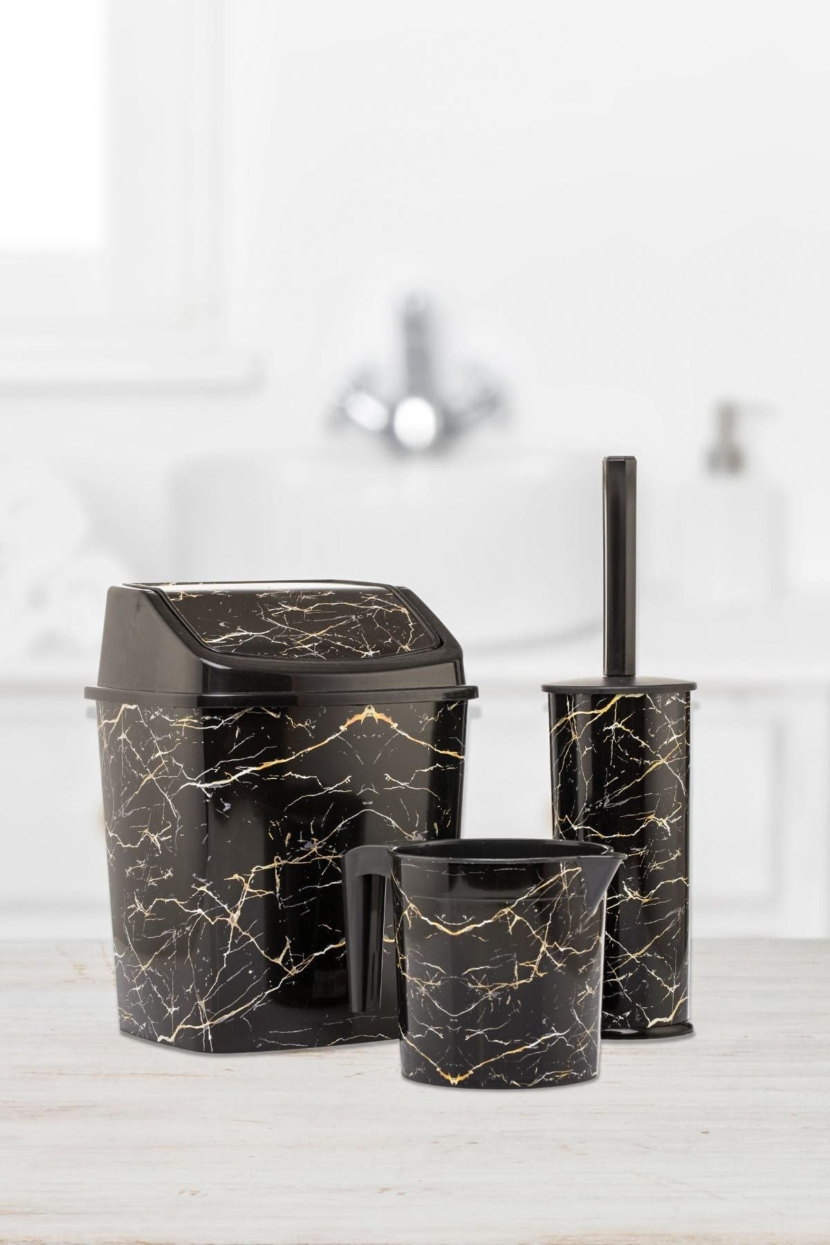 Okacih Bathroom Set Trash Bin WC Toilet Brush Jug 3-Piece Set Black Marble Pattern Odorless Bathroom Set 2