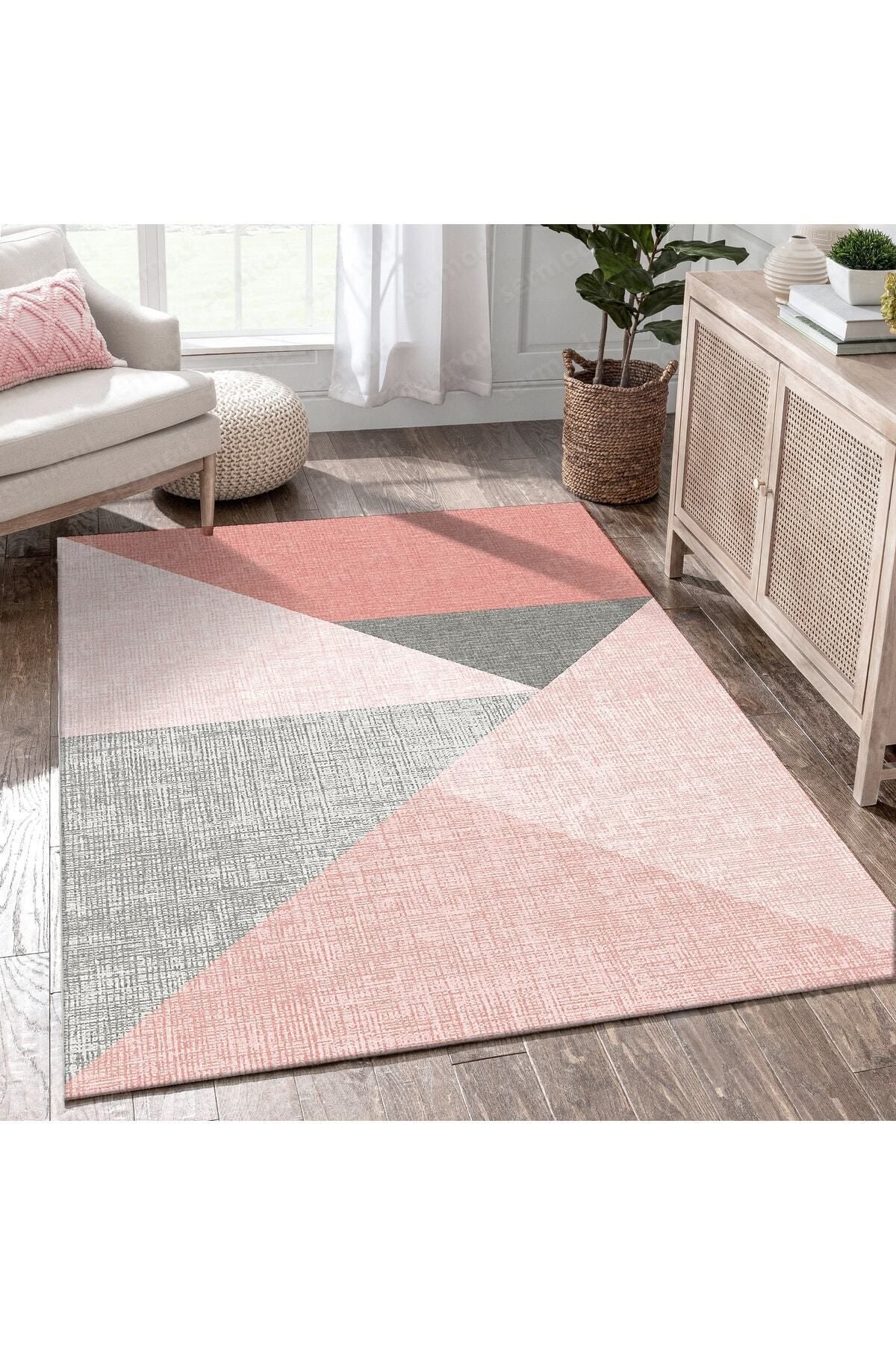 Sermod 91-Padded Gray Toned Large Geometric Triangle Non-Slip Elastic Carpet Cover 1