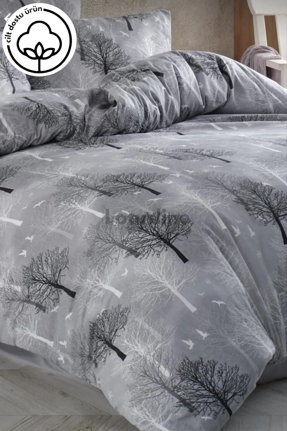 Lotusline Home Grey Double Tree Pattern Luxury Cotton Duvet Cover Set 1