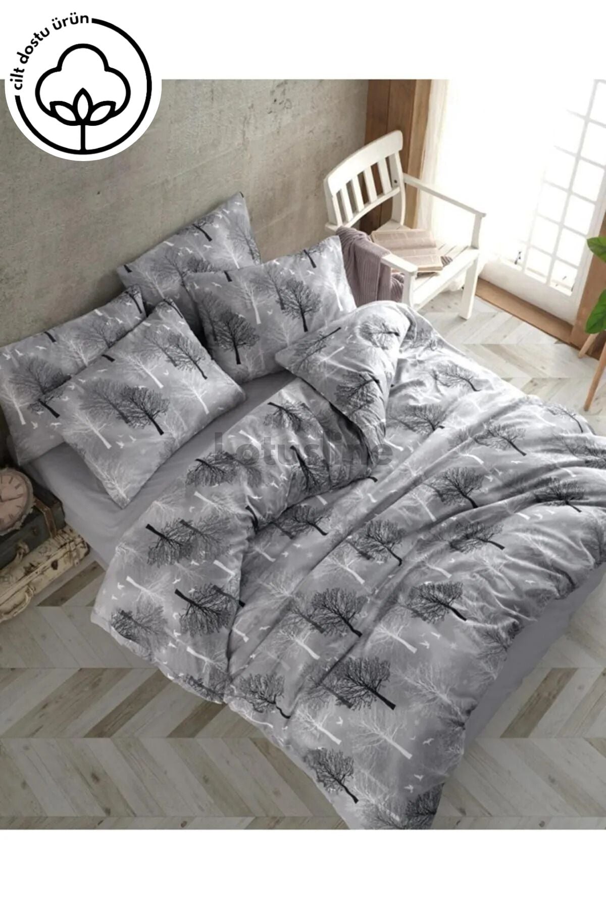 Lotusline Home Grey Double Tree Pattern Luxury Cotton Duvet Cover Set 2