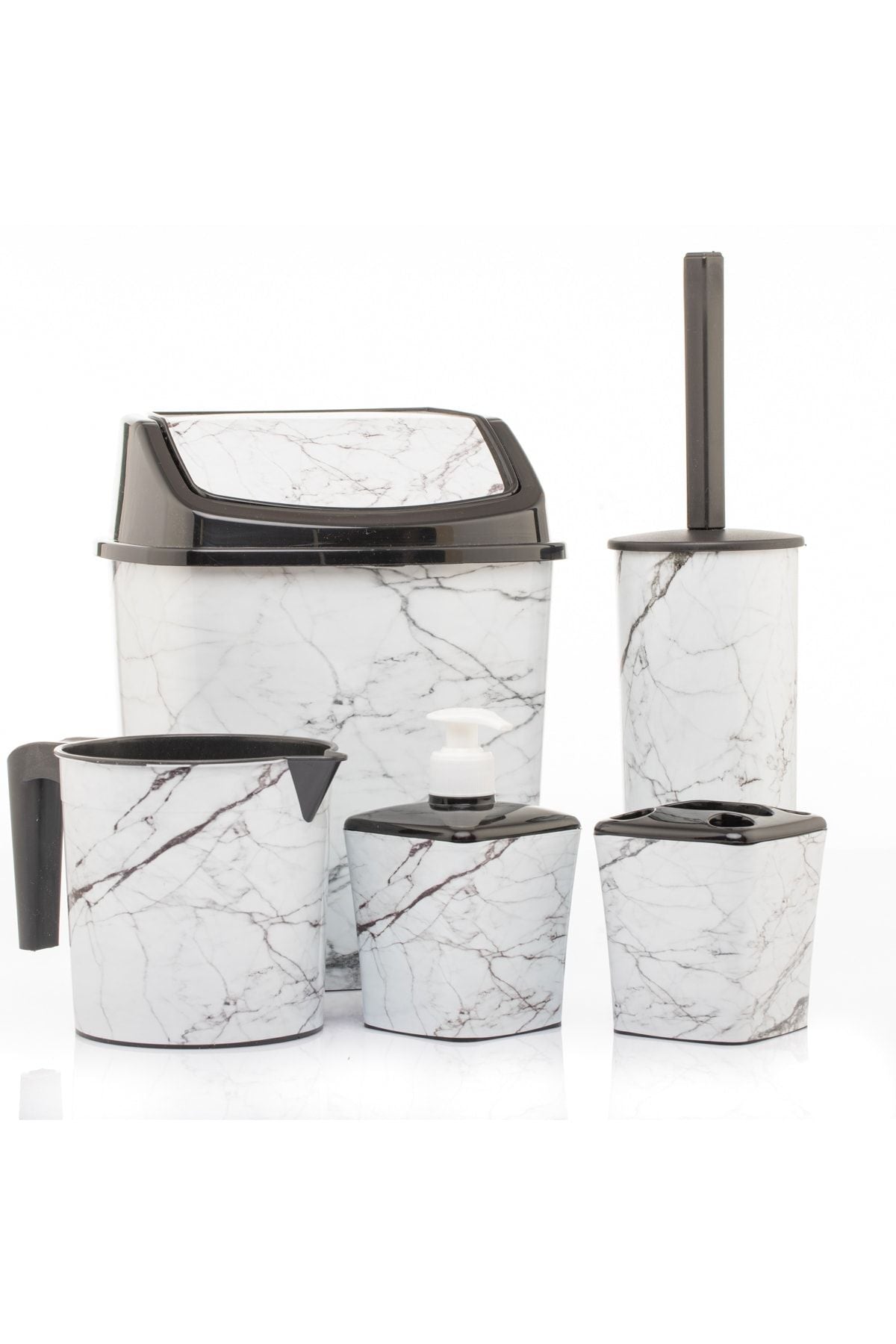 Okacih Bathroom Set Trash Can Toilet Brush Pitcher Soap Dispenser Toothbrush Holder 5-Piece White Marble Pattern 2