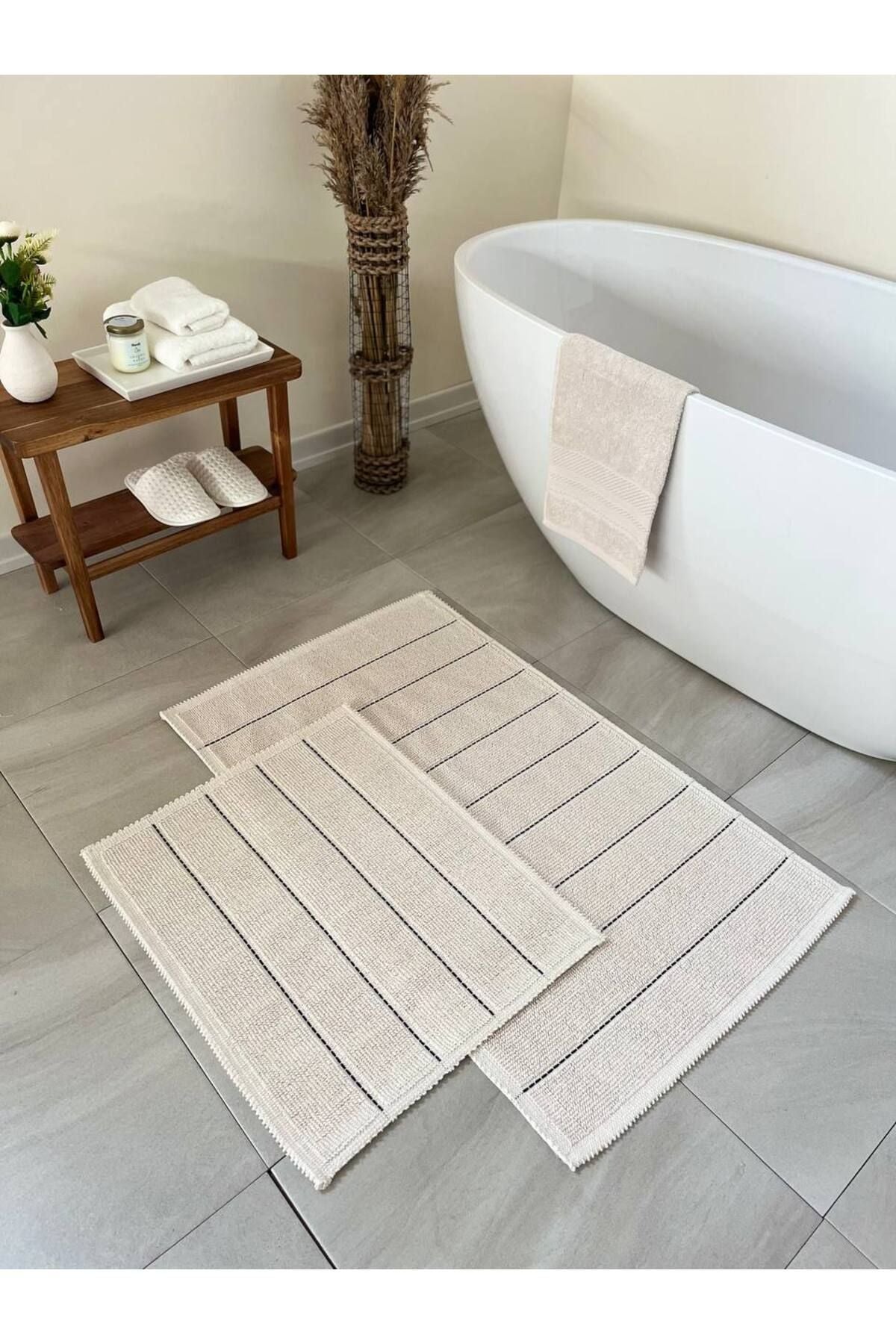 Bluenity Basic Stripe Natural Cotton 2-Piece Bath Mat Set 60x100 50x60 Cm Ecru / Black Striped 1