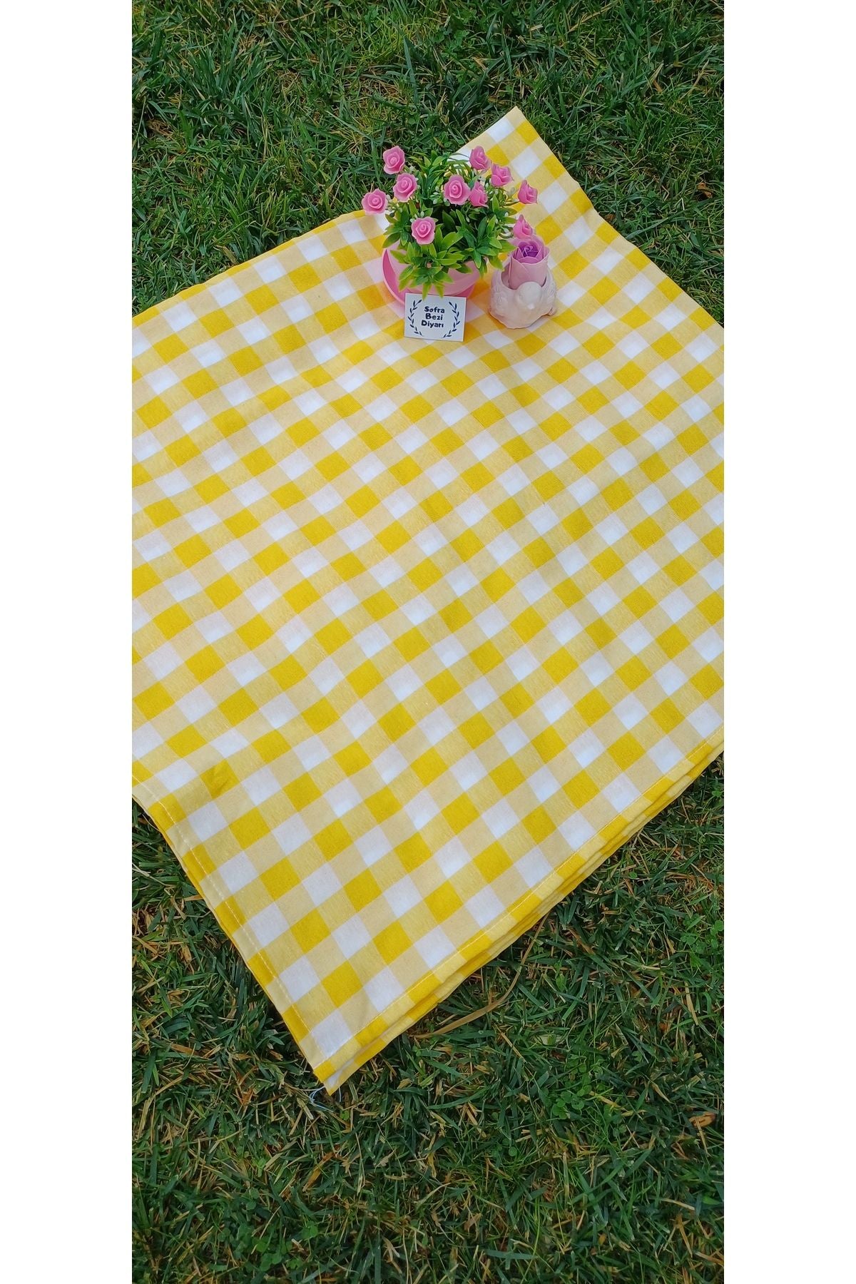 Sofrabezidiyari Piti Checkered Yellow Tablecloth, Table Cover, Picnic Cloth Cotton 2