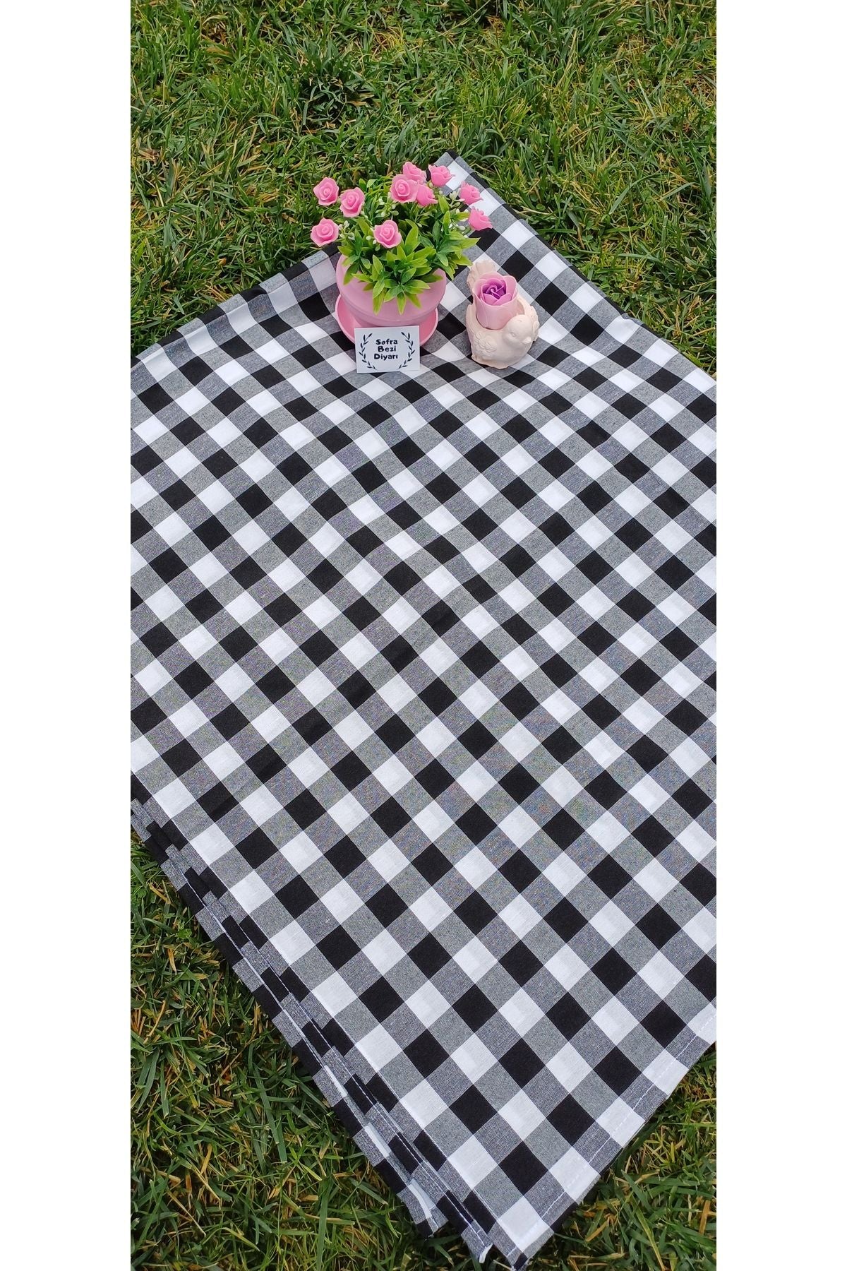 Sofrabezidiyari Piti Checkered Black Tablecloth, Table Cover, Picnic Blanket Cotton 2