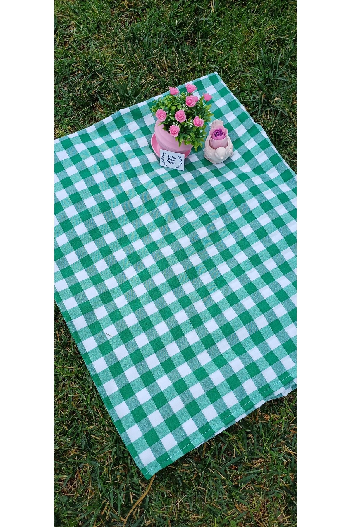 Sofrabezidiyari Piti Checkered Green Tablecloth, Table Cover, Picnic Cloth Cotton 2