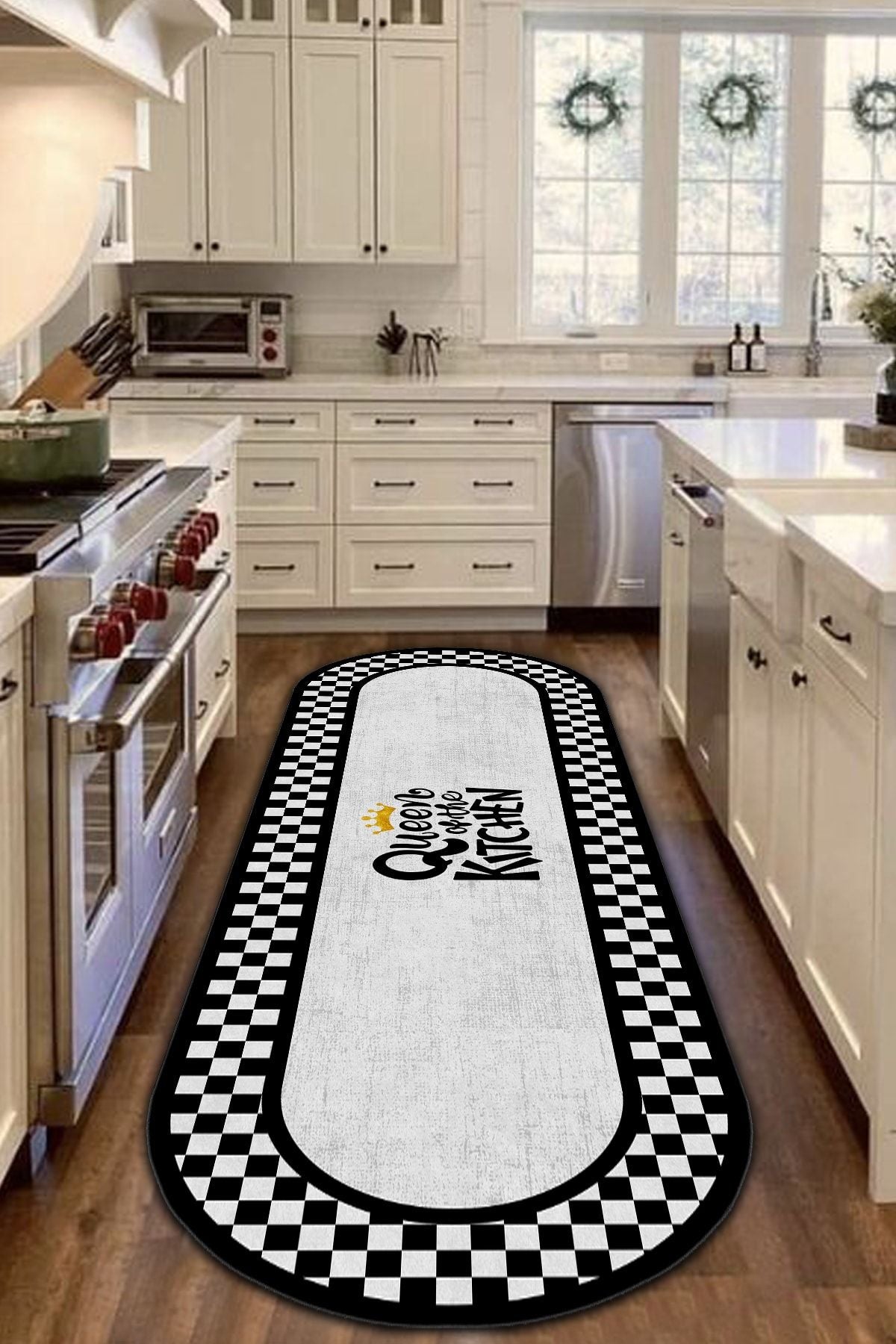 COZIE HOME Digital Print Non-Slip Machine Washable Checkered Queen Oval Rug 1