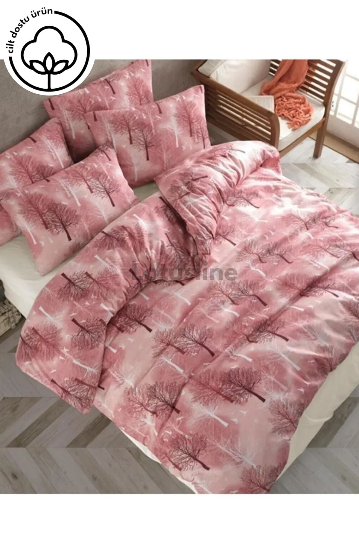 Lotusline Home Bordo Tree Pattern Luxury Cotton Double Duvet Cover Set 2