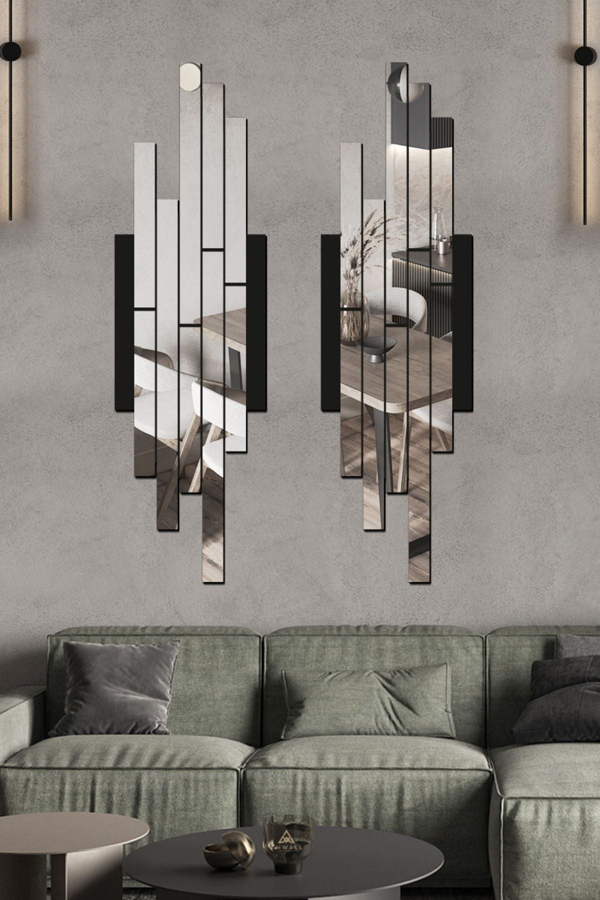 AHWALL WOODWORKING Mdf Mirrored Plexiglass Asymmetrical Painting Black Silver Duo Set 2