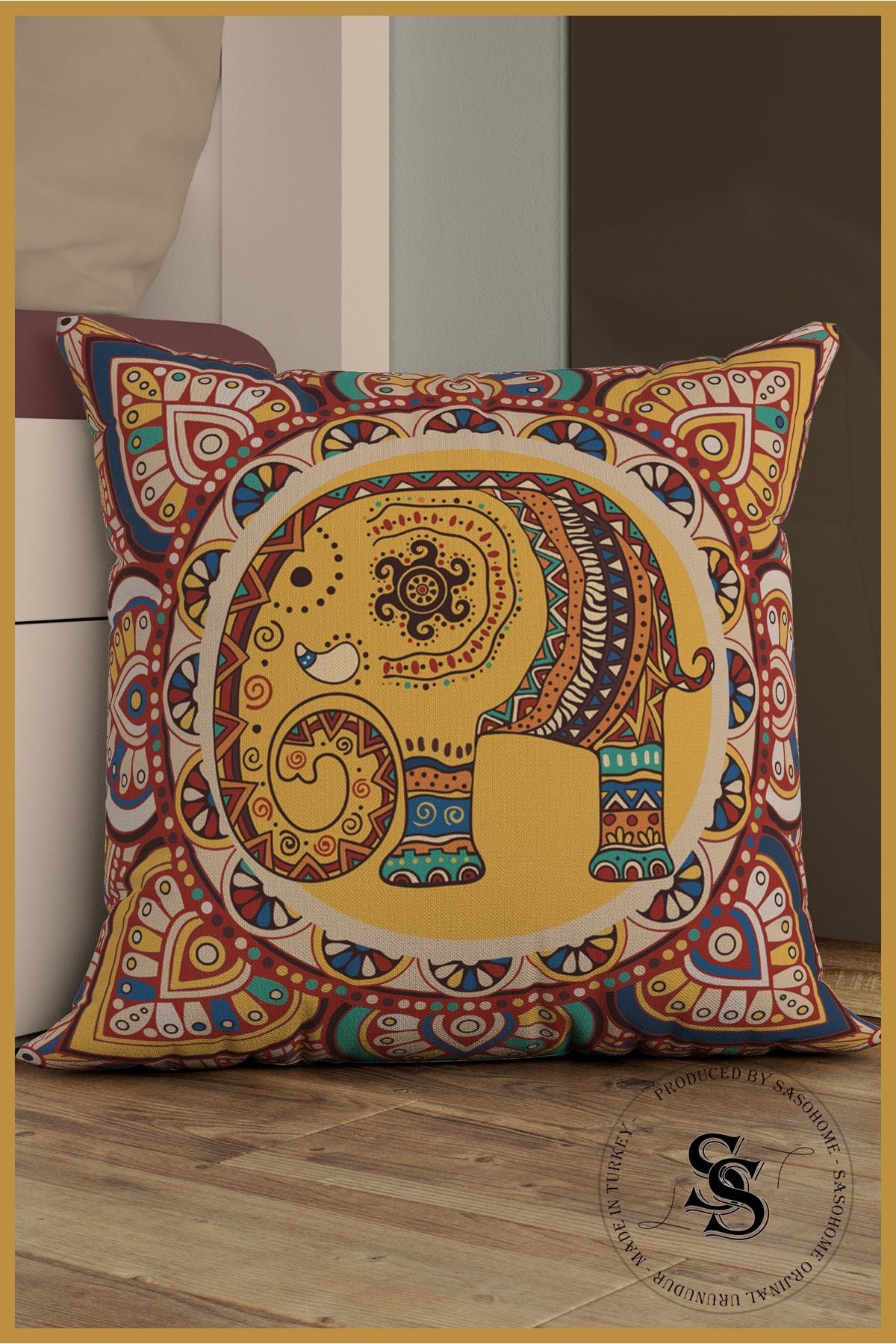 SasoHome Cream Background Ethnic Indian Embroidered Elephant Pattern Cushion Cover (Ultra Quality Velvet Fabric) 1