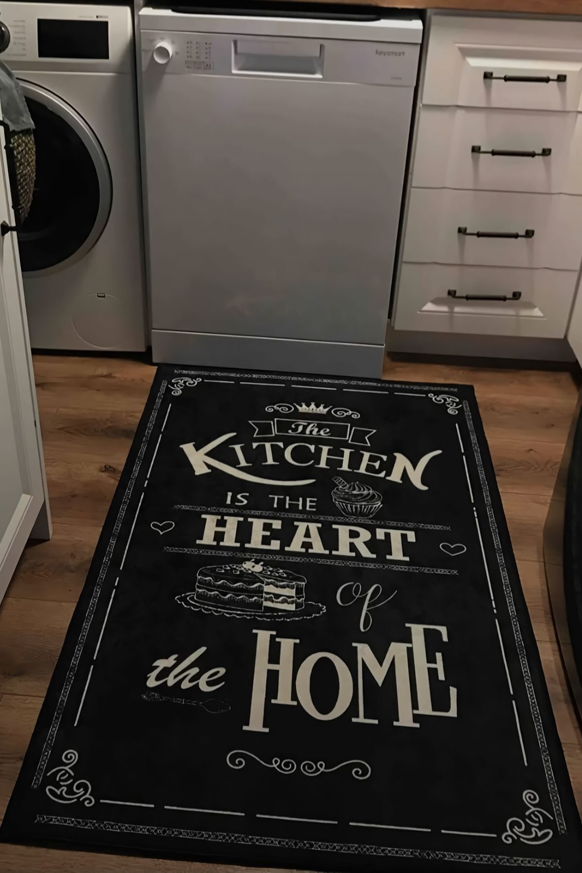 SÜNGERSAN Non-Slip Base Machine Washable Black Kitchen Rug with Kitchen Text 4