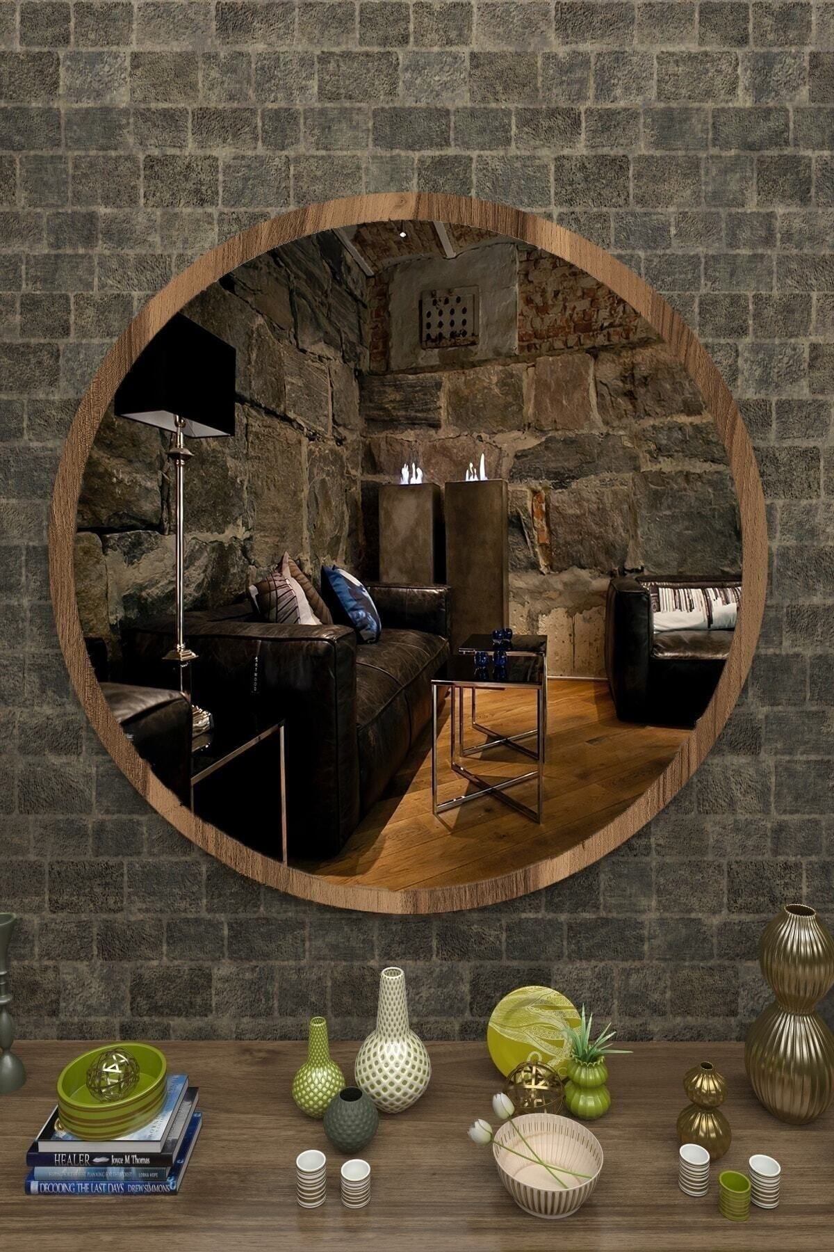 Rose Tasarım Walnut Wood Decorative Round Mirror for Hallway, Corridor, Living Room, Kitchen, Bathroom, WC, Office 60 Cm 1