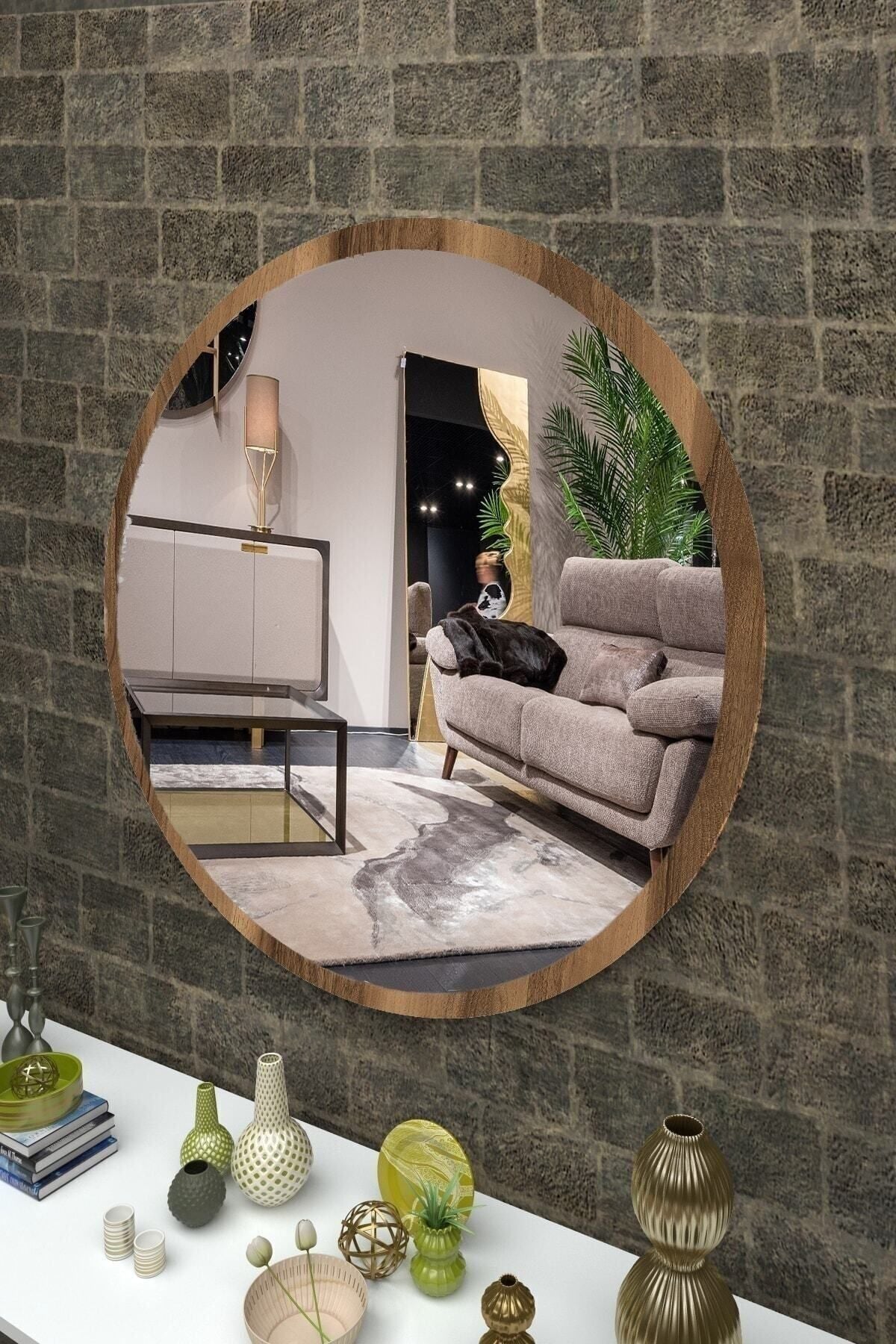 Rose Tasarım Walnut Wood Decorative Round Mirror for Hallway, Corridor, Living Room, Kitchen, Bathroom, WC, Office 60 Cm 2