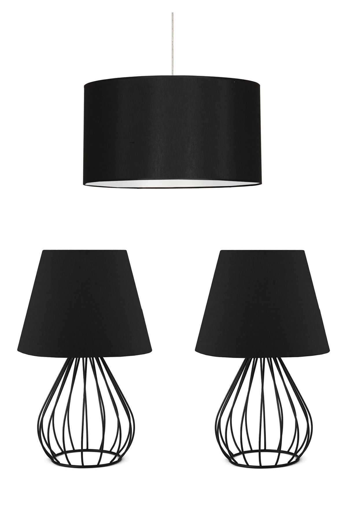 HOMING Metal Body Double Table Lamp And Pendant Chandelier Set Black Fabric Bedroom Set 1