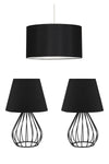 HOMING Metal Body Double Table Lamp And Pendant Chandelier Set Black Fabric Bedroom Set 1