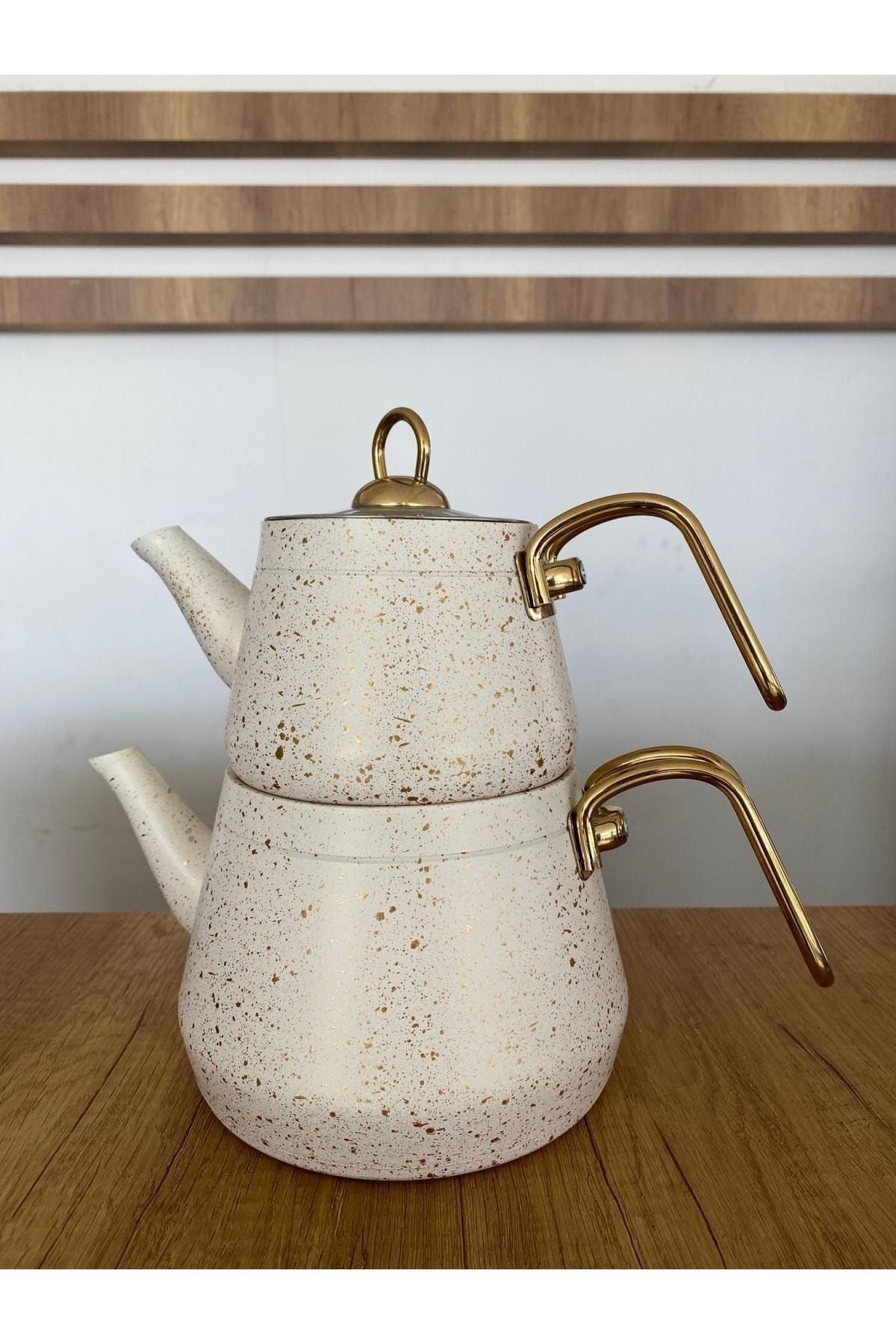 Kismet Metal Gold Handle Glass Lid Granite Teapot 1