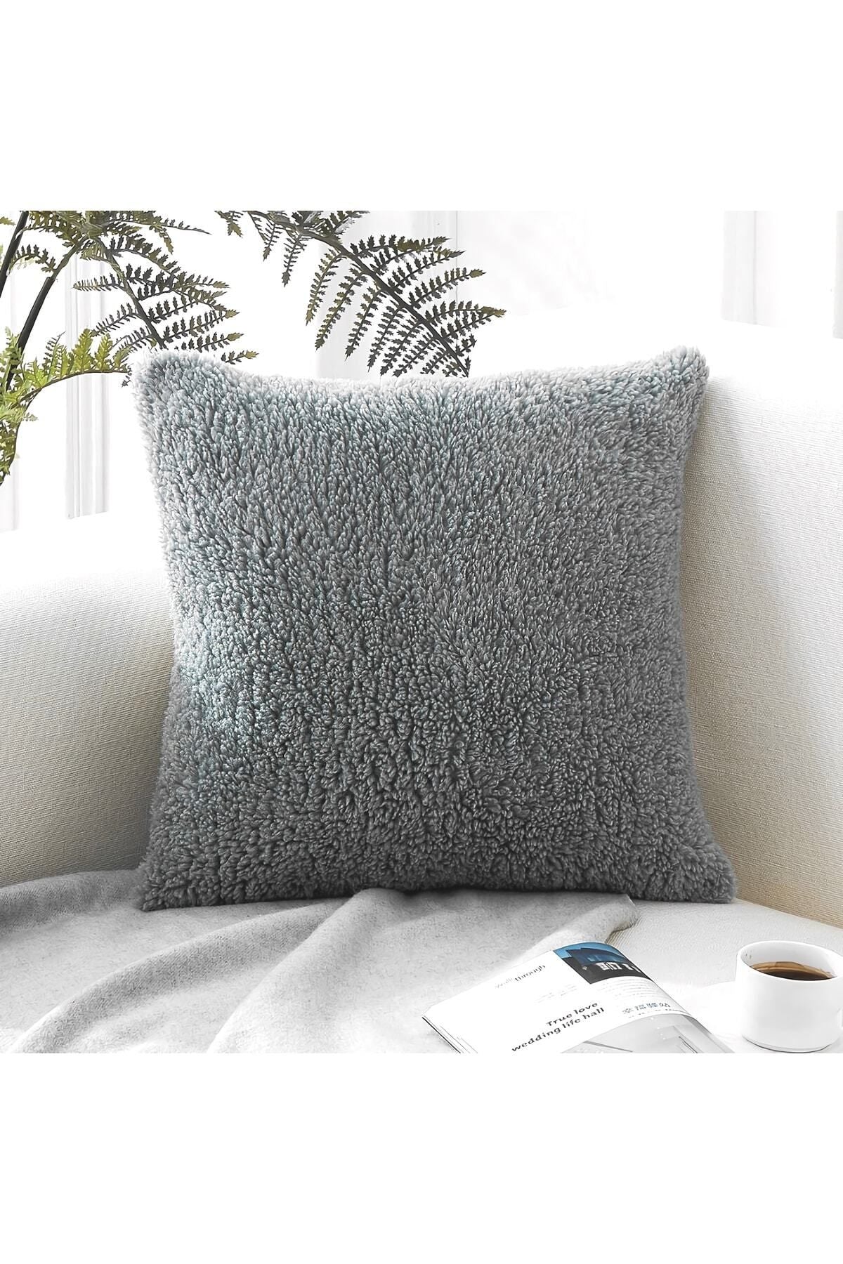 Benlisso Home Peluş Teddy Puffy Decorative Pillow Cover Gray 43x43 1