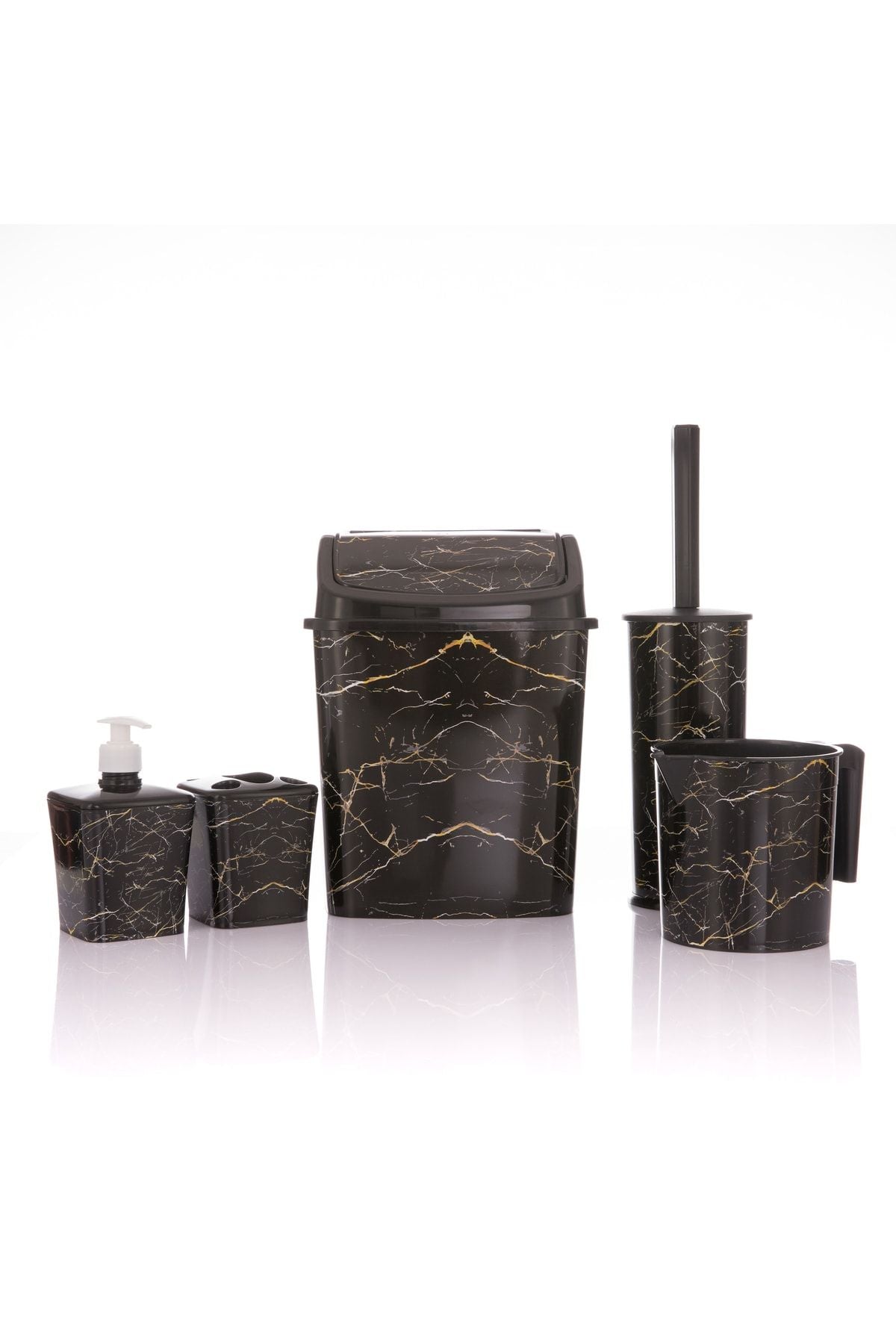 Okacih Bathroom Set 5-Piece Trash Can WC Toilet Brush Jug Soap Dispenser Toothbrush Holder 5-Piece Black Marble Pattern 1