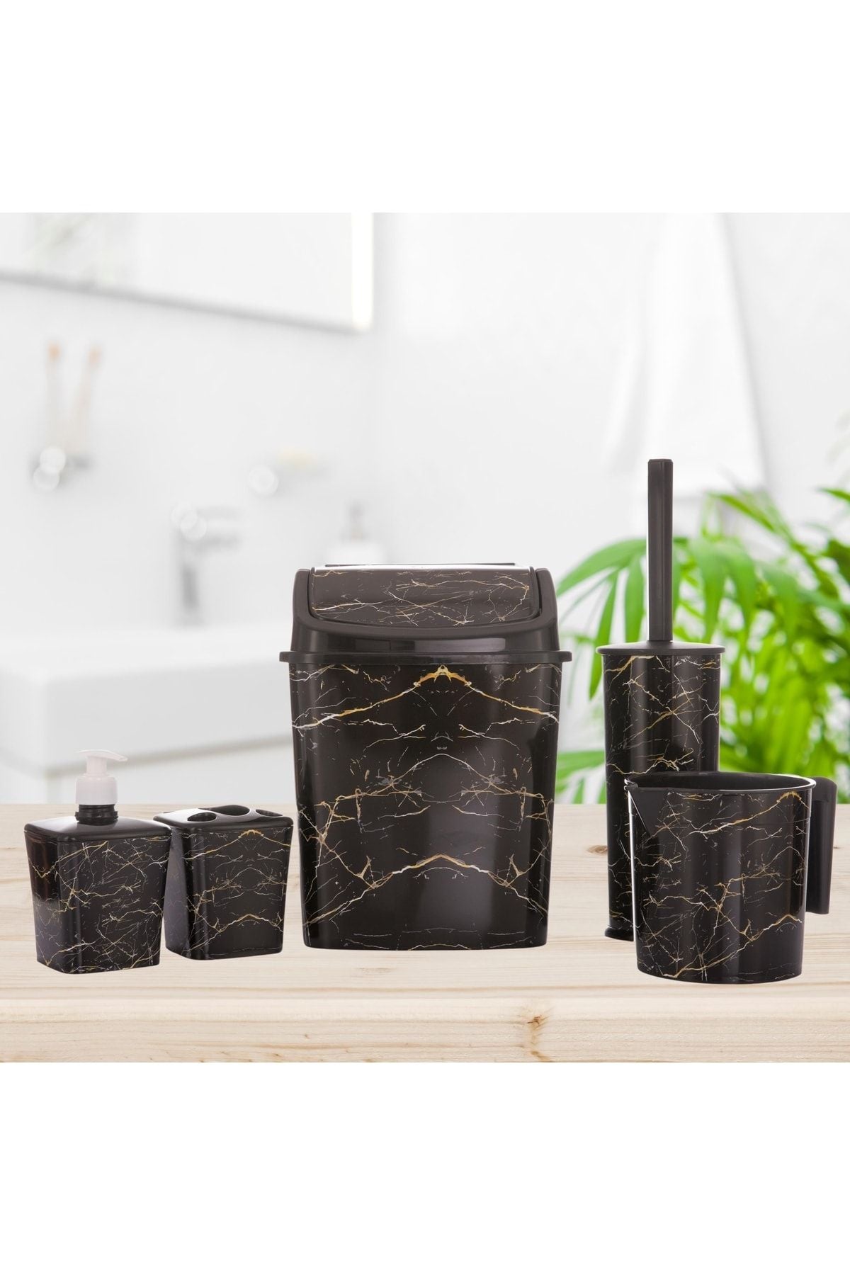 Okacih Bathroom Set 5-Piece Trash Can WC Toilet Brush Jug Soap Dispenser Toothbrush Holder 5-Piece Black Marble Pattern 2