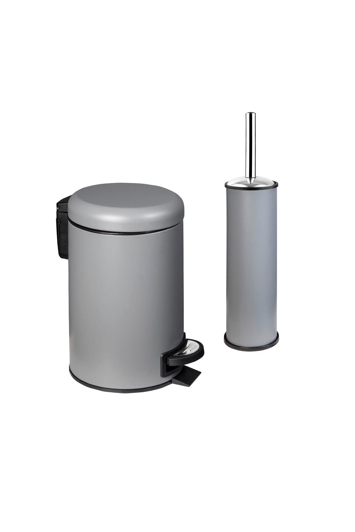 Siliwax Elit Dual Bathroom Set Grey Stainless Steel 3L Trash Can & Toilet Brush 1