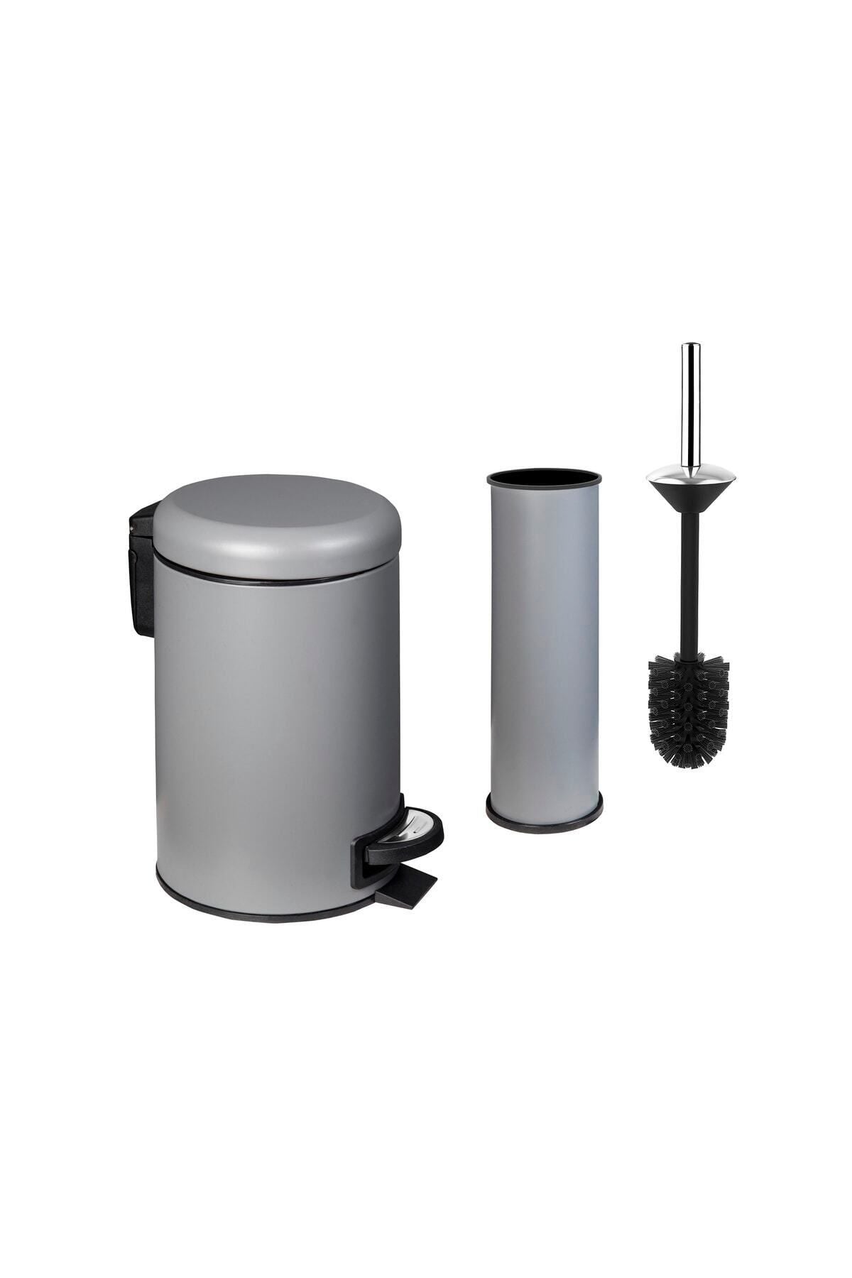 Siliwax Elit Dual Bathroom Set Grey Stainless Steel 3L Trash Can & Toilet Brush 2