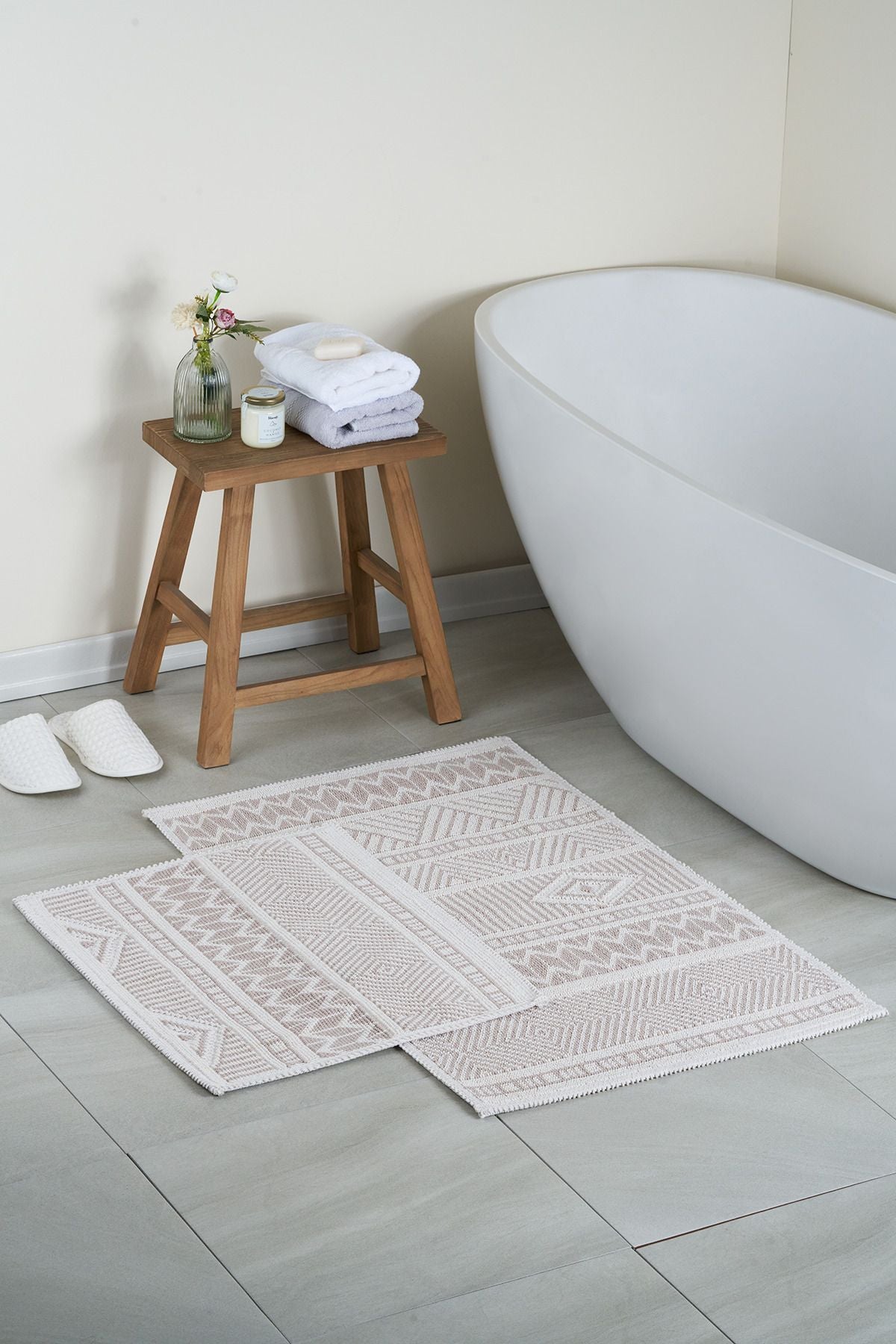 Bluenity Marina Natural Cotton 2-Piece Bath Mat Set 60x100 50x60 Cm - Beige 1