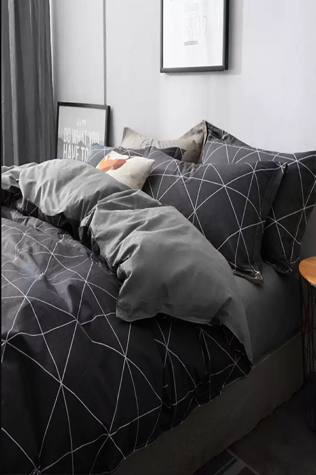 İQON Elastic Fitted Sheet Duvet Cover Set Double Geometric Gray 2