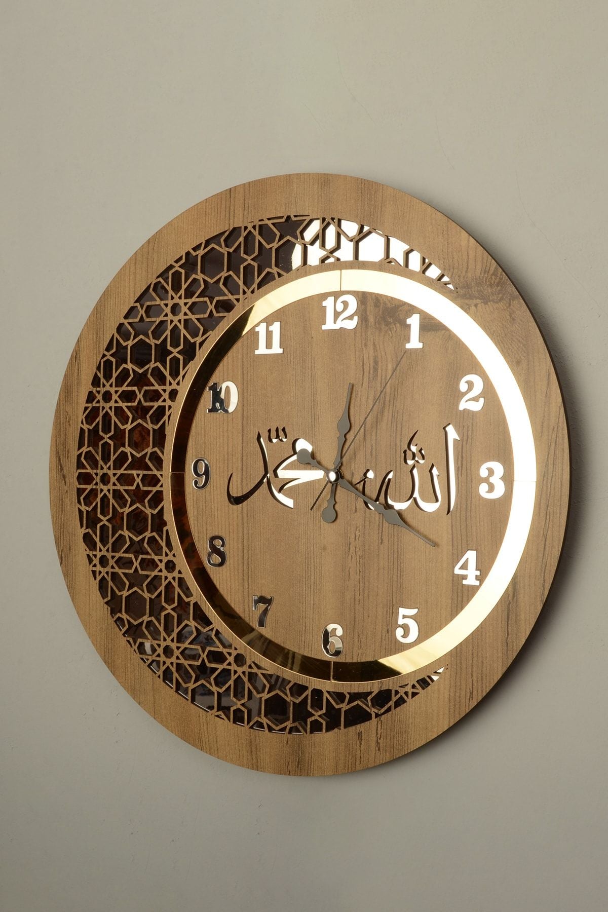 Pey Aksesuar Wooden And Mirrored Allah-Muhammed Motif Wall Clock With Normal Numerals 1