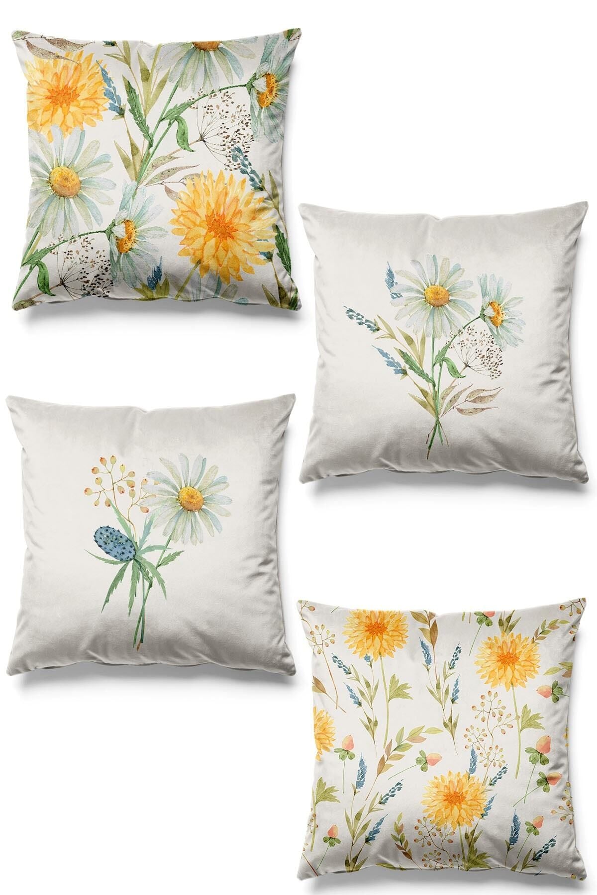 Pilloveland Double-Sided Printed Daisy Pattern 4-Piece Set Suede Cushion Cover 1