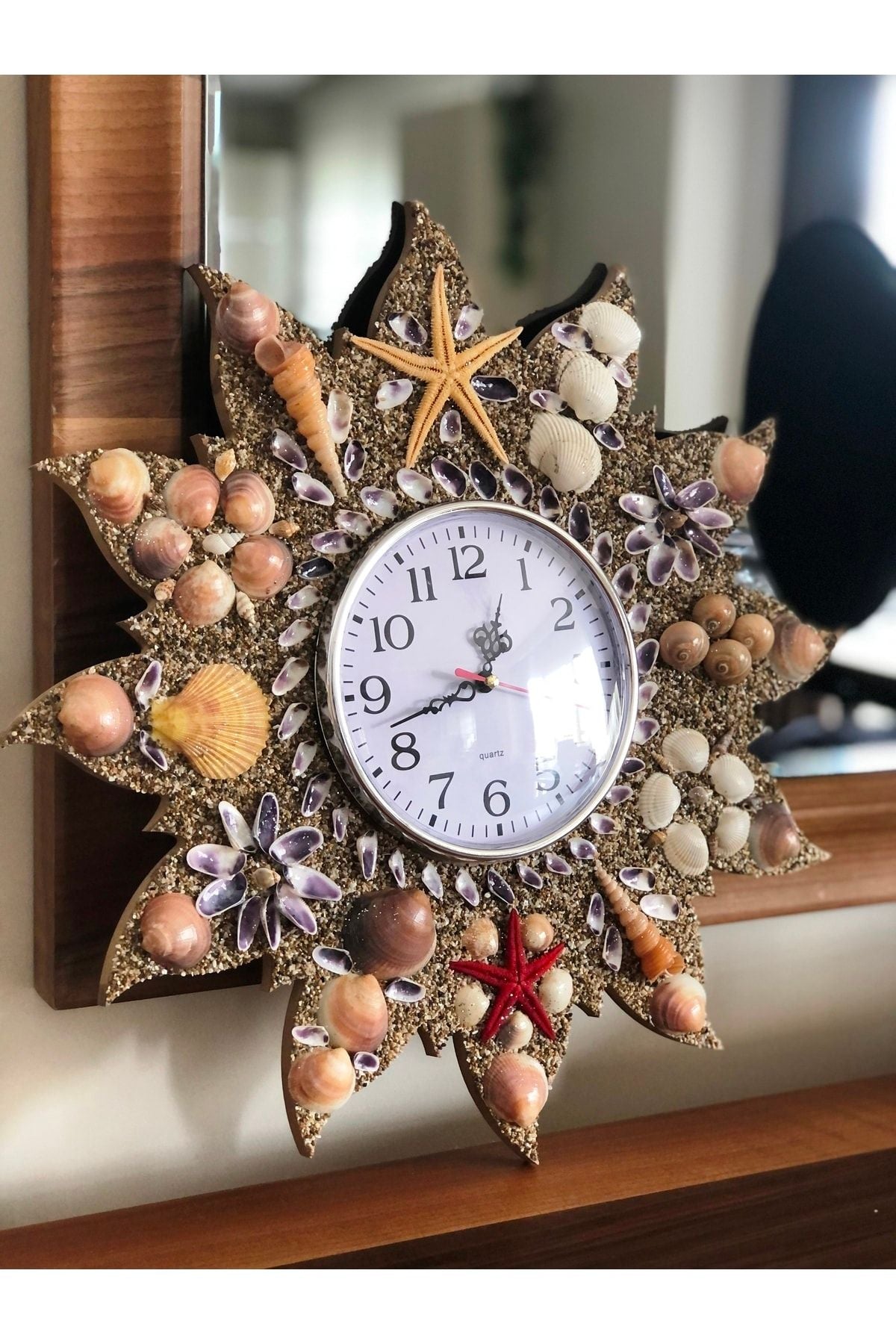 Genel Markalar Wooden Wall Clock with Seashells 2