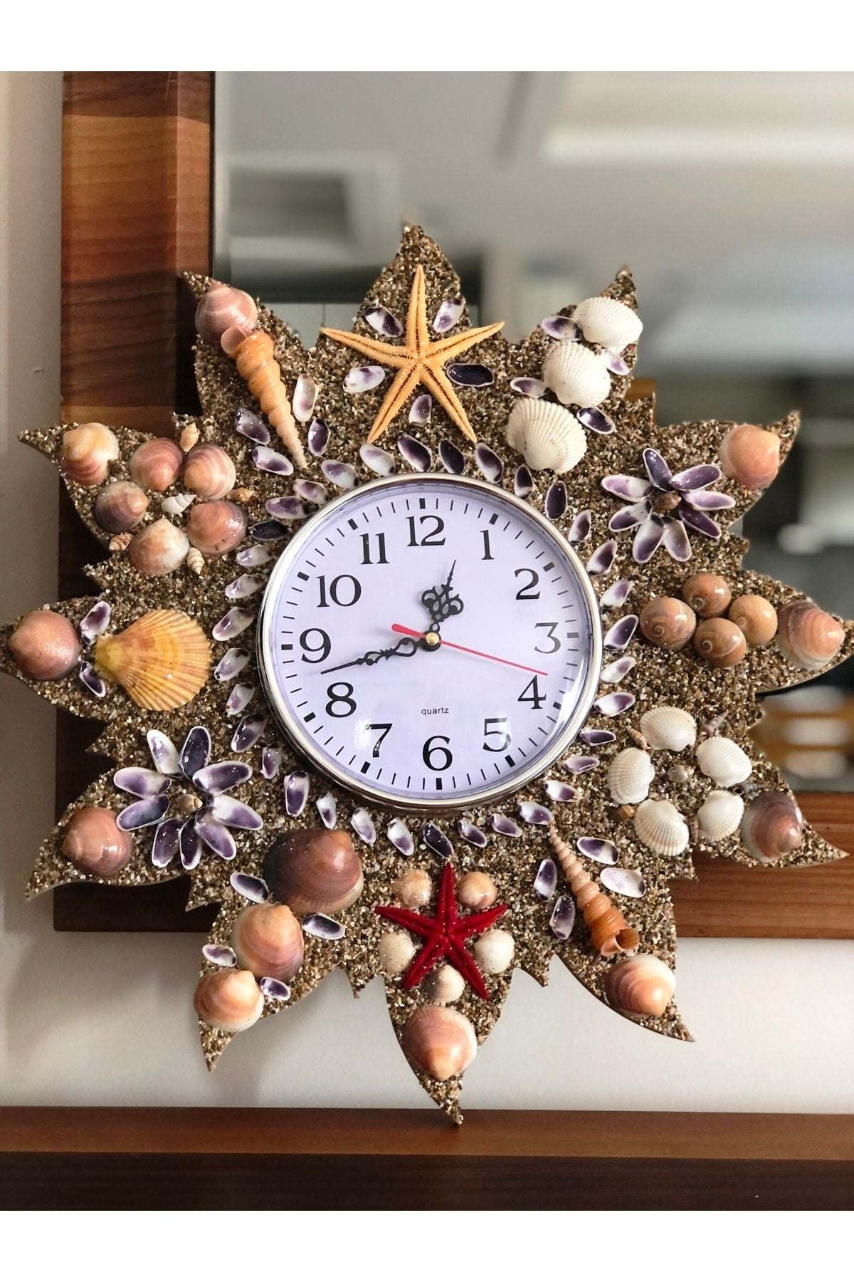 Genel Markalar Wooden Wall Clock with Seashells 7