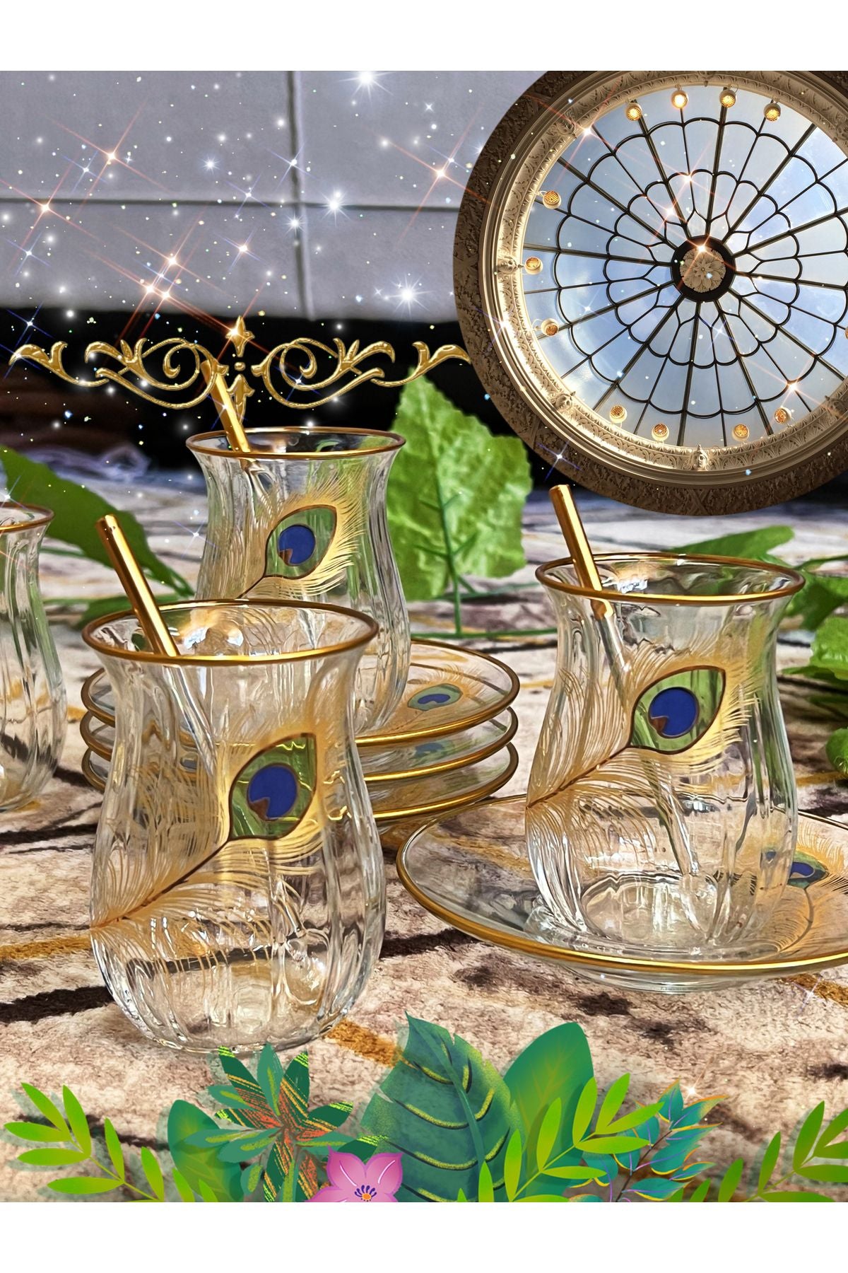 SAMSA Golden Peacock Feather Patterned Tea Set For 6 Persons 1