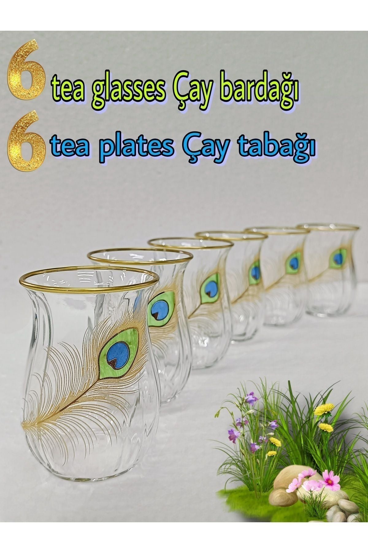 SAMSA Golden Peacock Feather Patterned Tea Set For 6 Persons 4