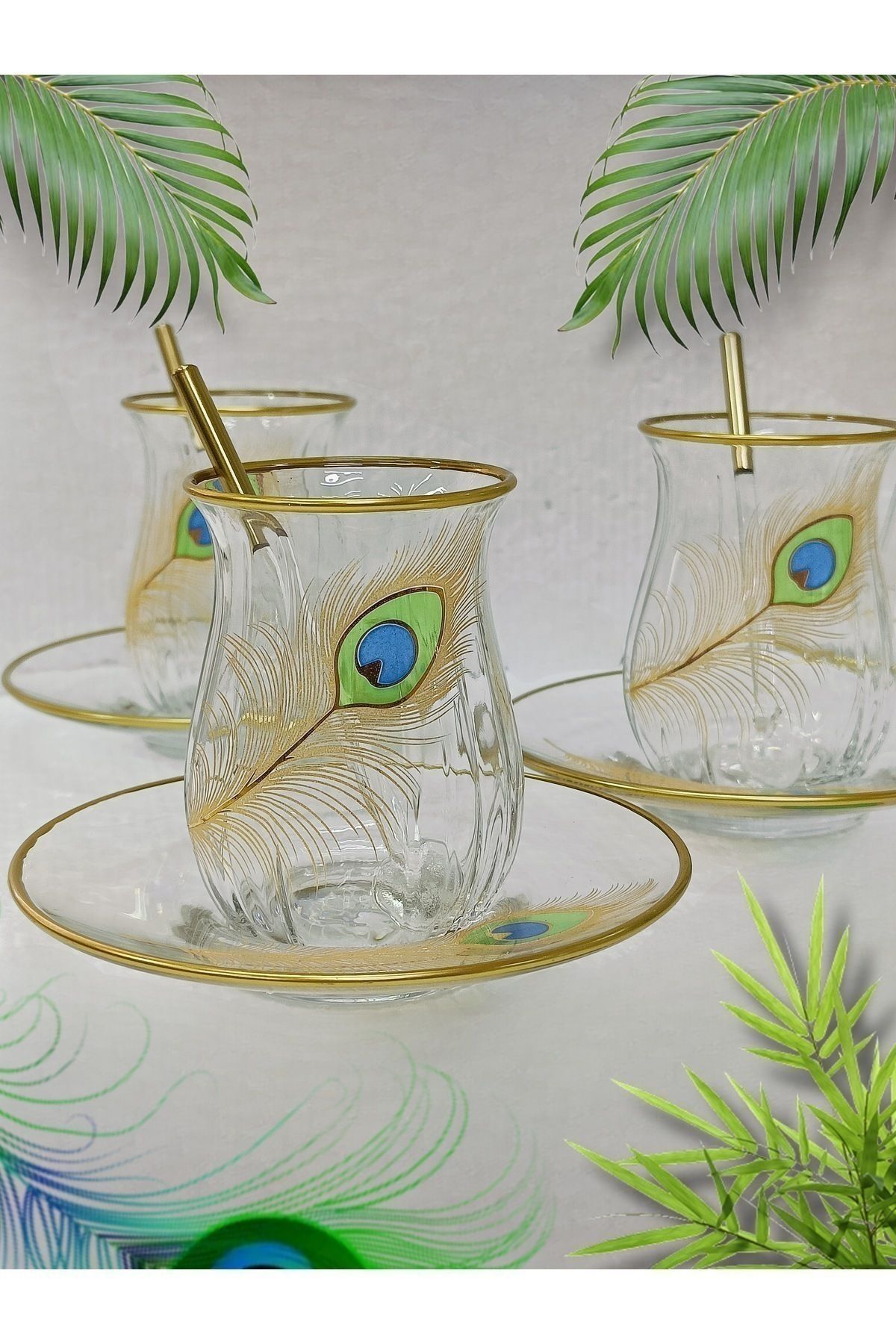 SAMSA Golden Peacock Feather Patterned Tea Set For 6 Persons 5