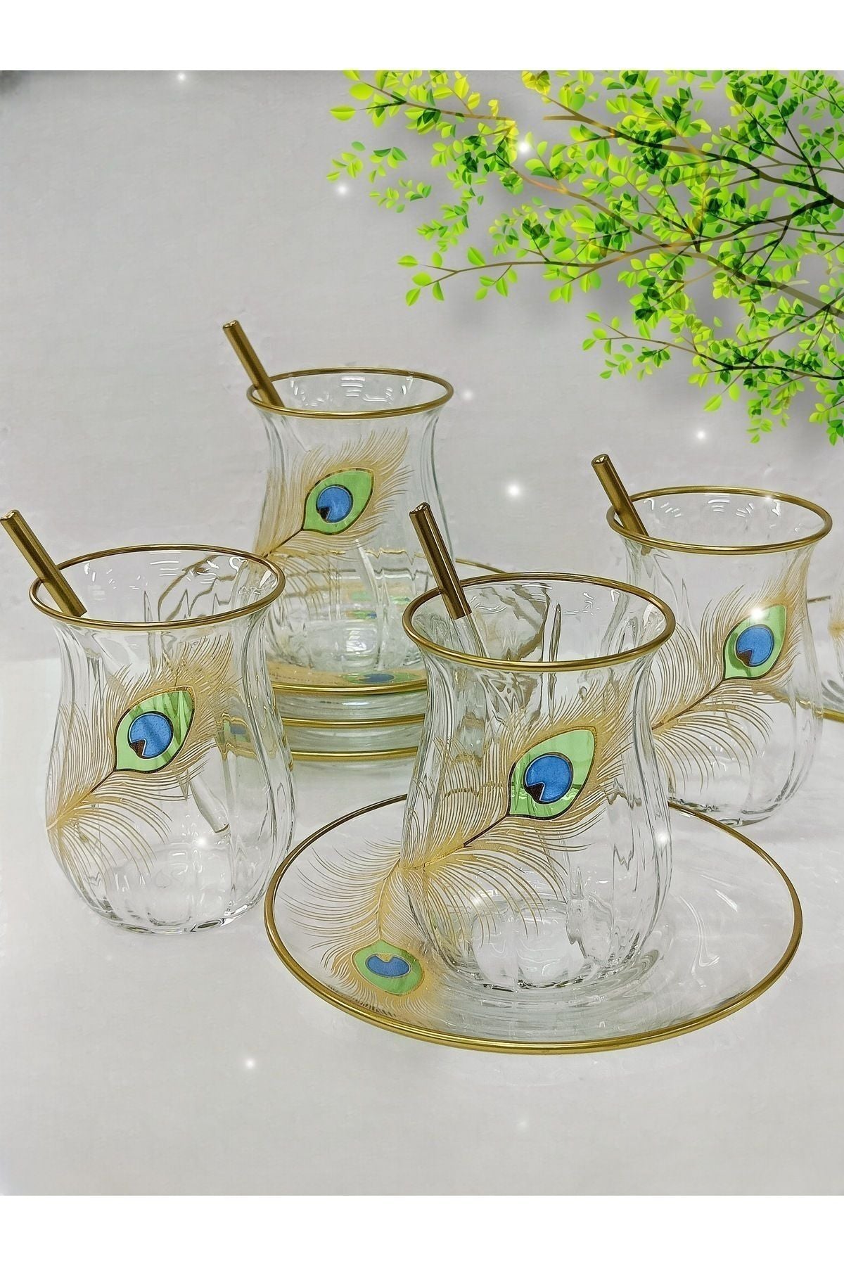 SAMSA Golden Peacock Feather Patterned Tea Set For 6 Persons 6