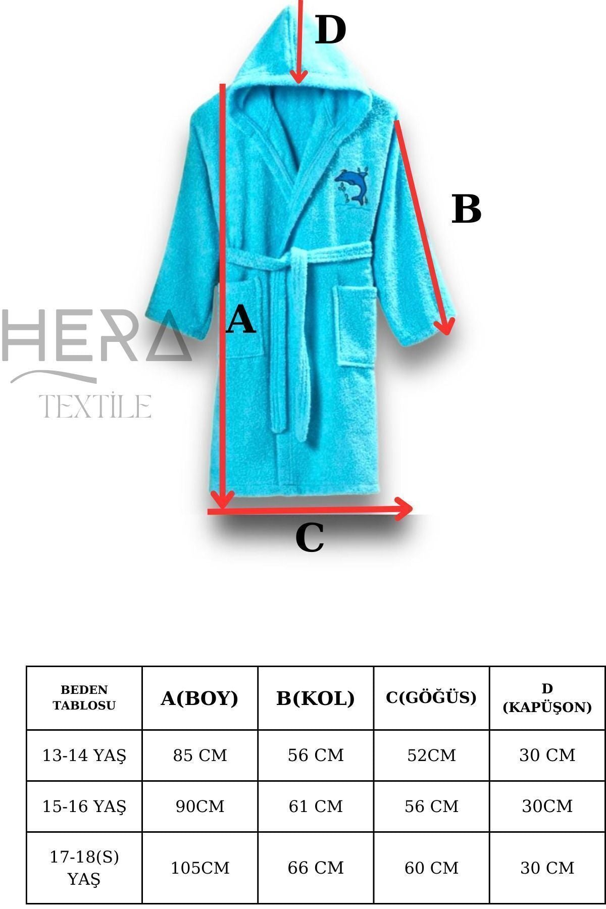 Hera Hooded And Belted Turquoise Cotton Unisex Youth Bathrobe 2