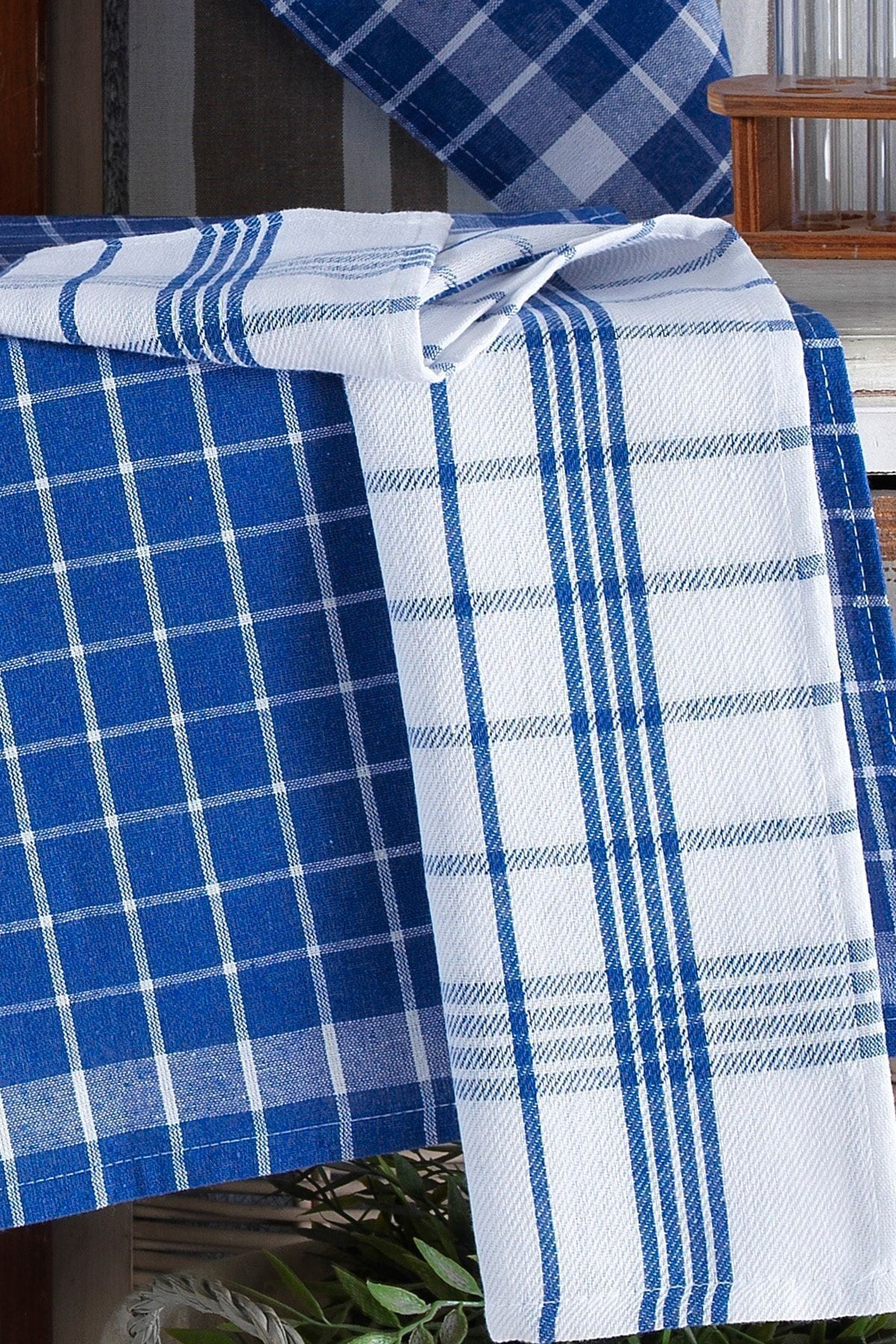 LADYNIL 4-Piece Kitchen Towel Set & German Napkin 50x70 Cm 100% Cotton And Pre-Washed Large Checkered Blue 2