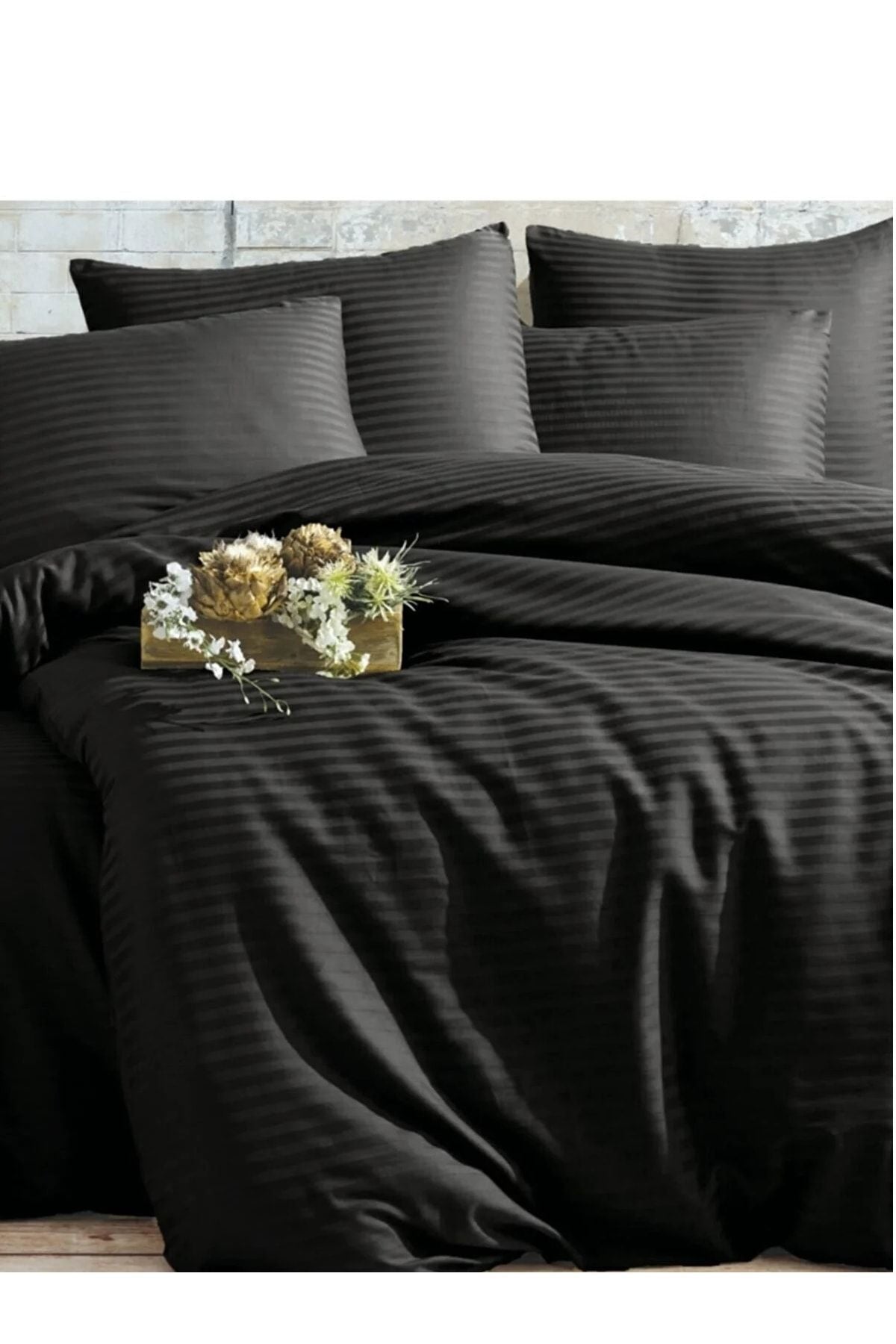 Deneme Zamanı Black Striped Satin Duvet Cover Set Double Size Without Elastic Sheet 2 Pillowcases 1