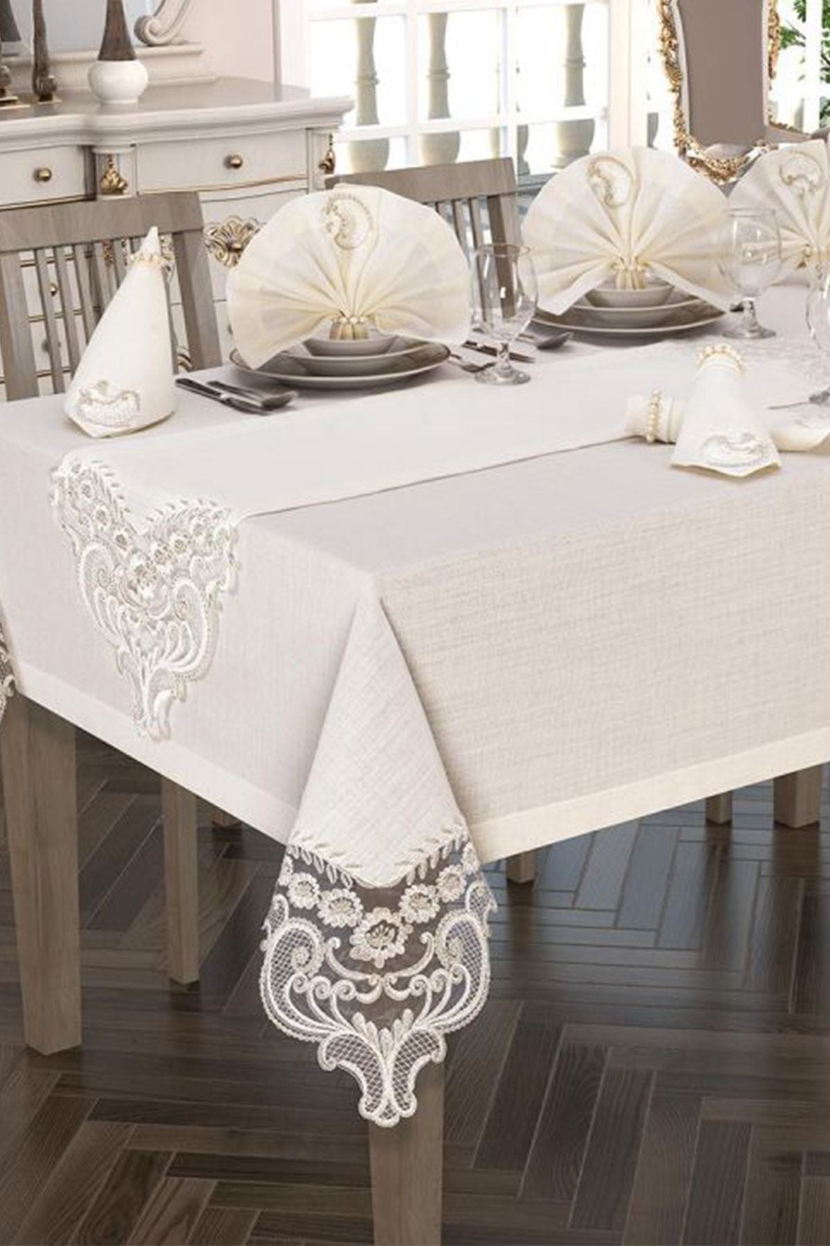 Çeyiz Diyarı Crown Linen French Lace Tablecloth Set 26 Pieces Cream 1