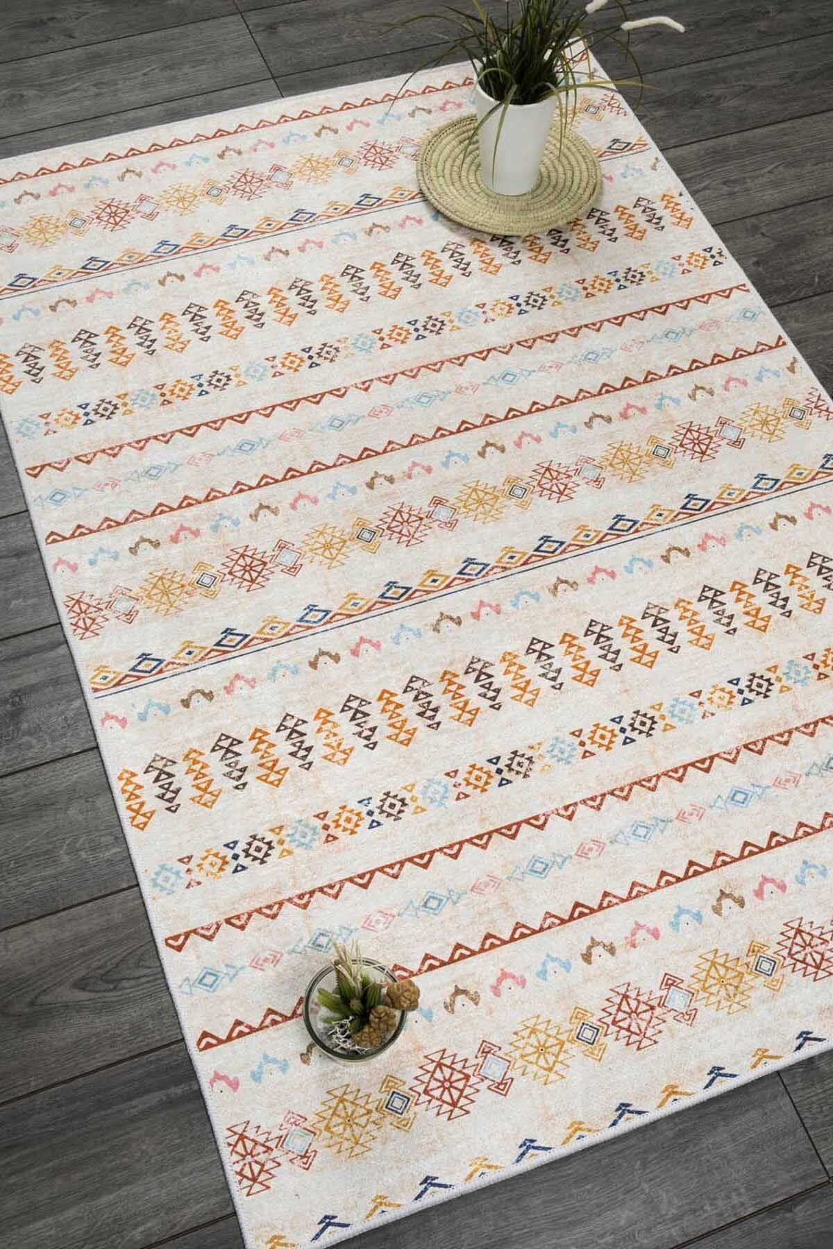 Oriente Home Scandinavian Patterned Beige Velvet Carpet Washable Non-Slip Runner Corridor Kitchen Rug 7794 2